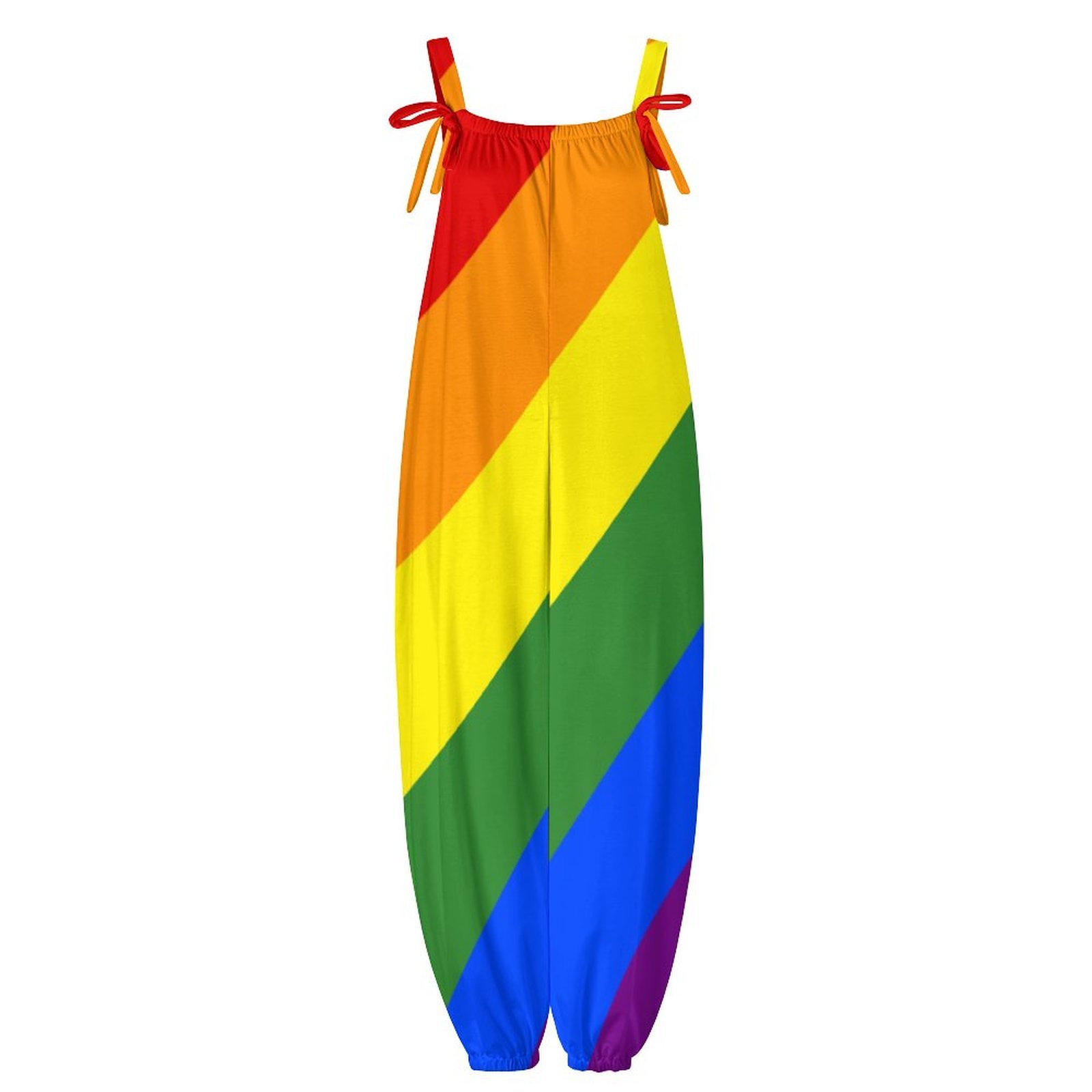 Women Lgbt Pride Diagonal Rainbow Stripe Print Loose Fit Baggy Harem Overall Jumpsuit Tie Spaghetti Strap Long Pants Rompers