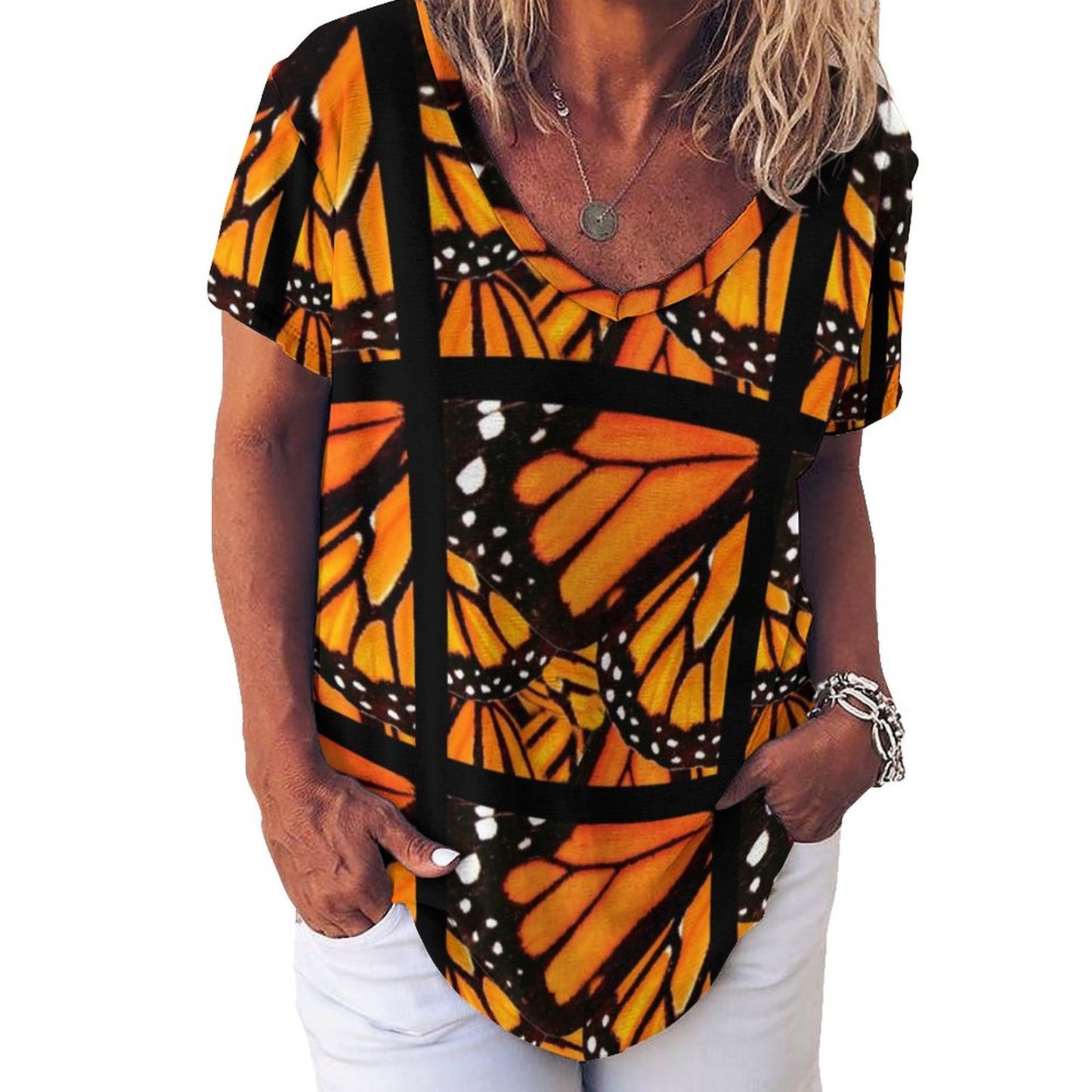 Orange Black Monarch Butterfly Wing Womens Summer Casual T Shirts Boho Full Print Short Sleeve Loose Hippie Tunic Tops-Charlylifestyle