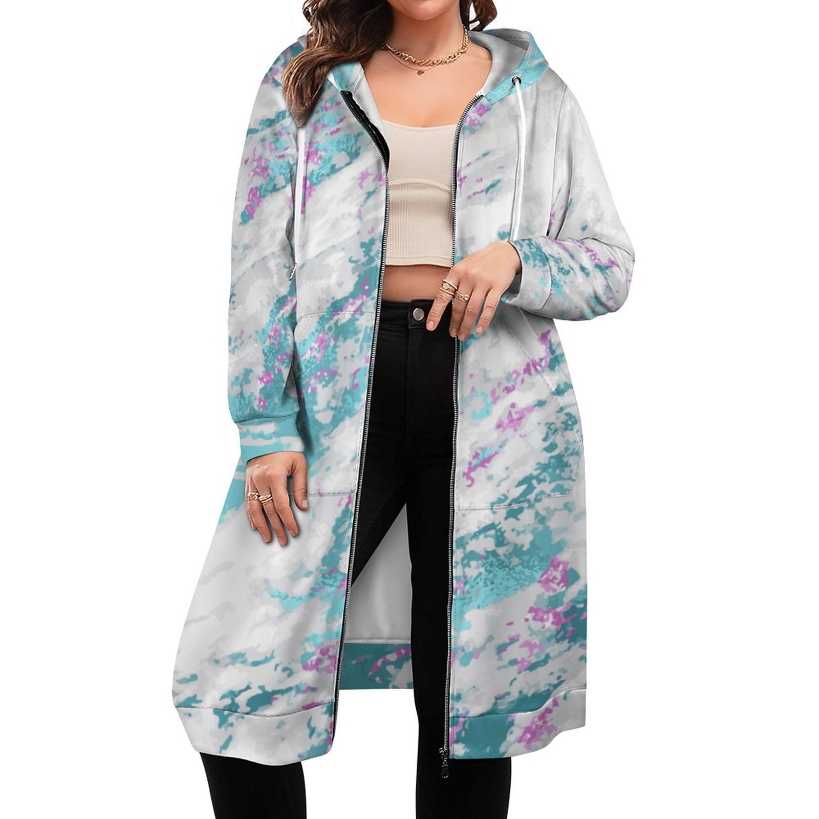Funny Marble Pattern Zip Up Long Hoodie Jacket Coat Women Tunic Sweatshirt Loose Plus Size Open Front Cardigan Outfits