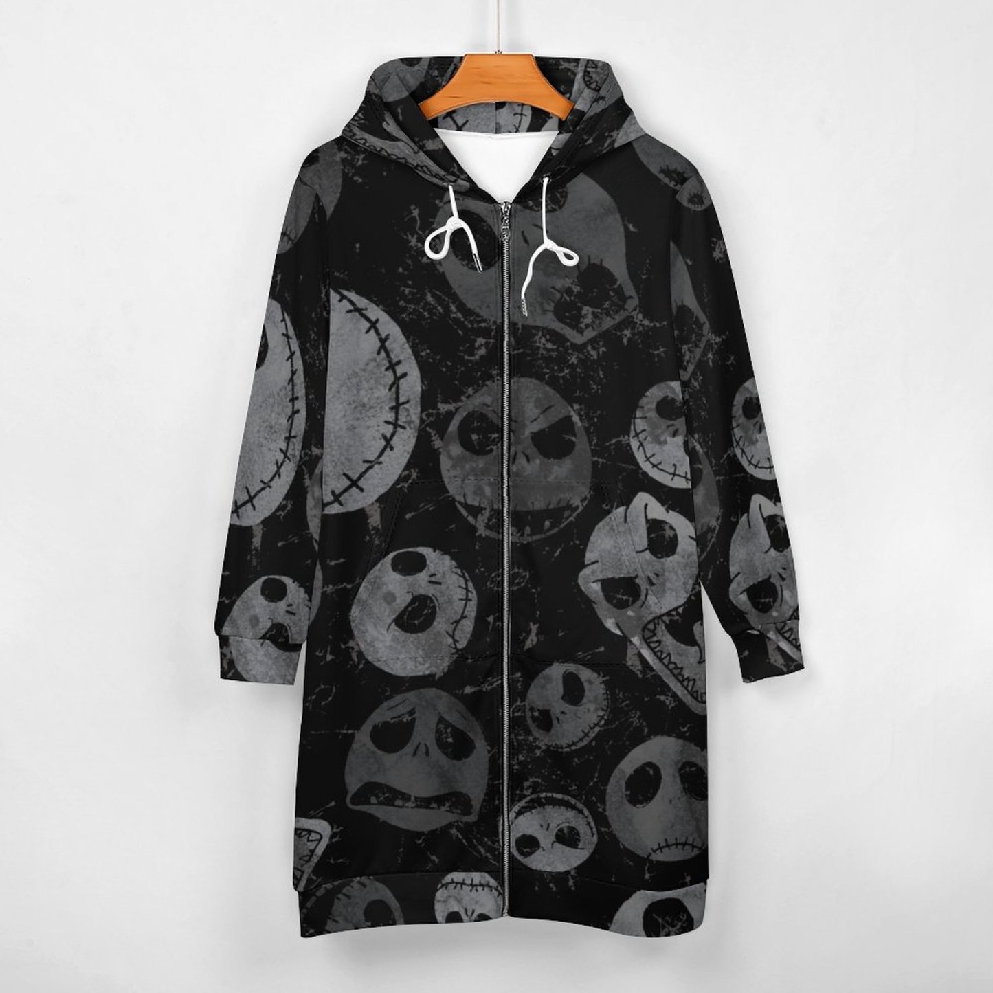 Jack Skellington Spooky Faces Zip Up Long Hoodie Jacket Coat Women Tunic Sweatshirt Plus Size Open Front Cardigan Outfits