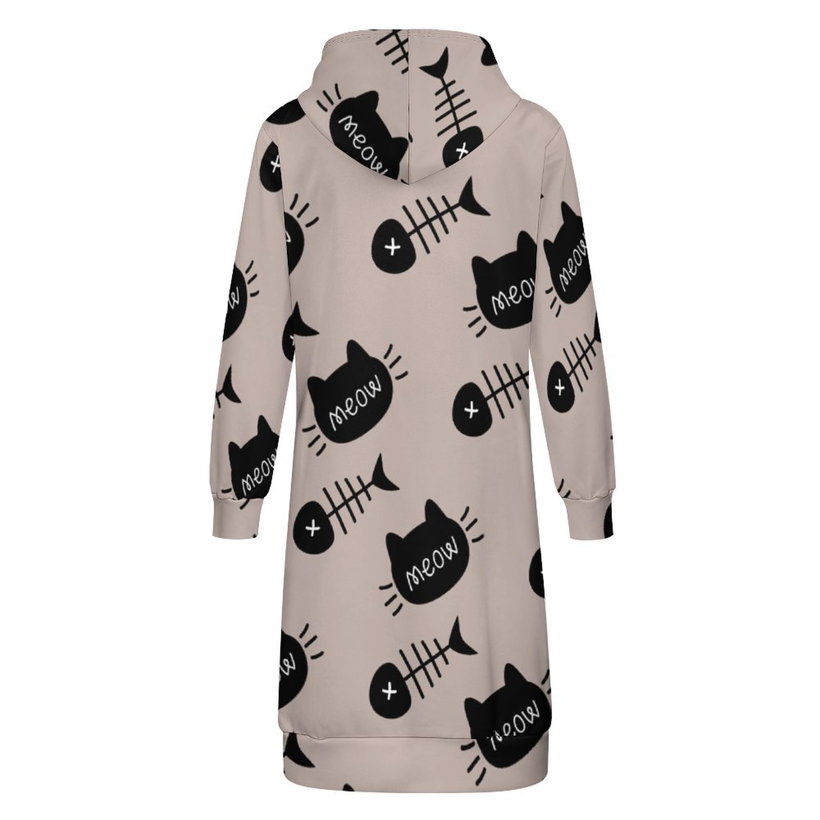 Meow Black Cat Face Fishbone Zip Up Long Hoodie Jacket Coat Women Tunic Sweatshirt Plus Size Open Front Cardigan Outfits