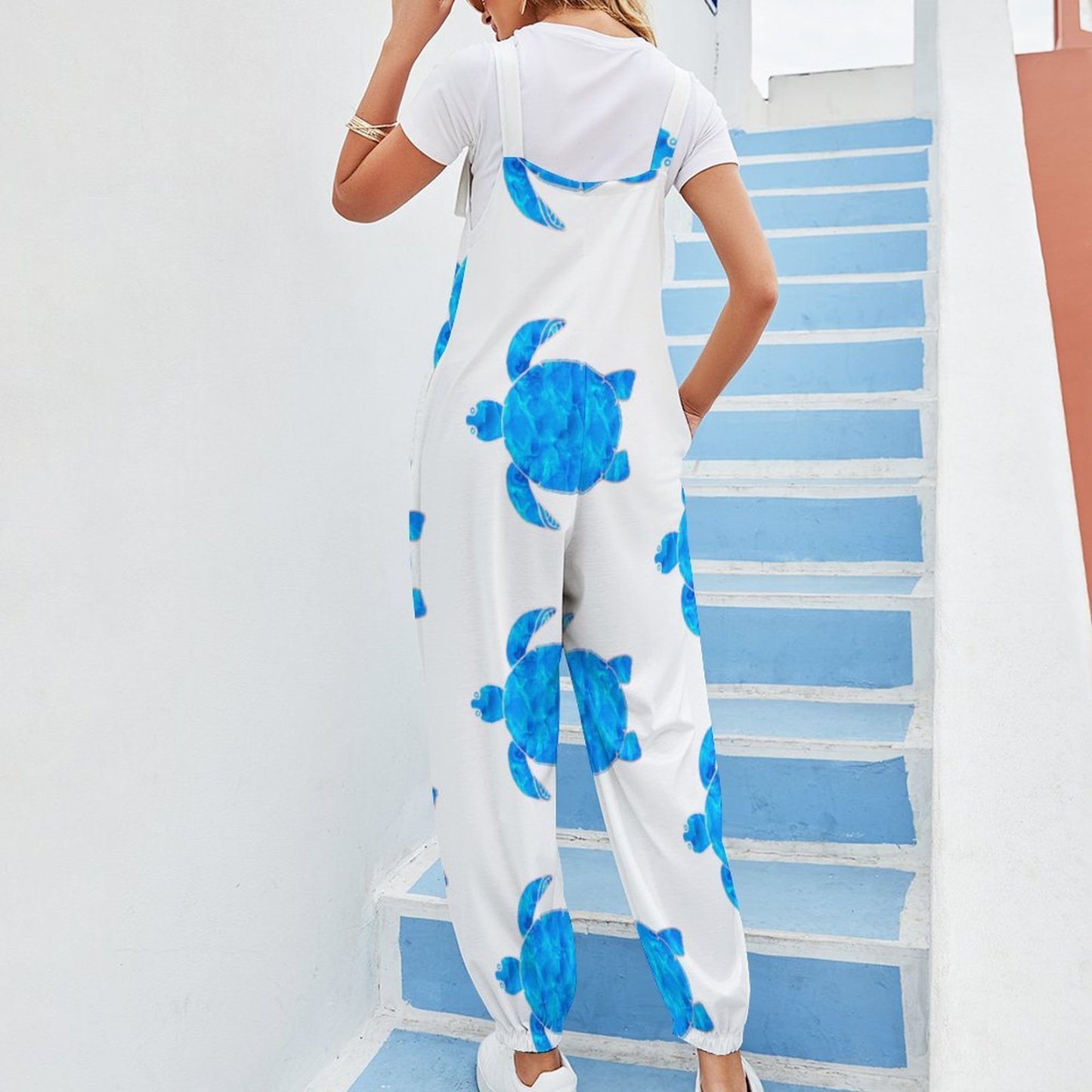 Women Ocean Blue Turtle Print Loose Fit Baggy Harem Overall Jumpsuit Tie Spaghetti Strap Casual Long Pants Rompers