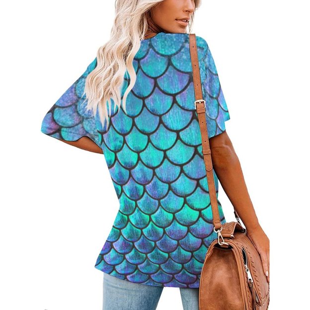 Personalized Mermaid Fish Scale Full Print T Shirts - Custom WomenShort Sleeve Loose Hippie Tunic Tops