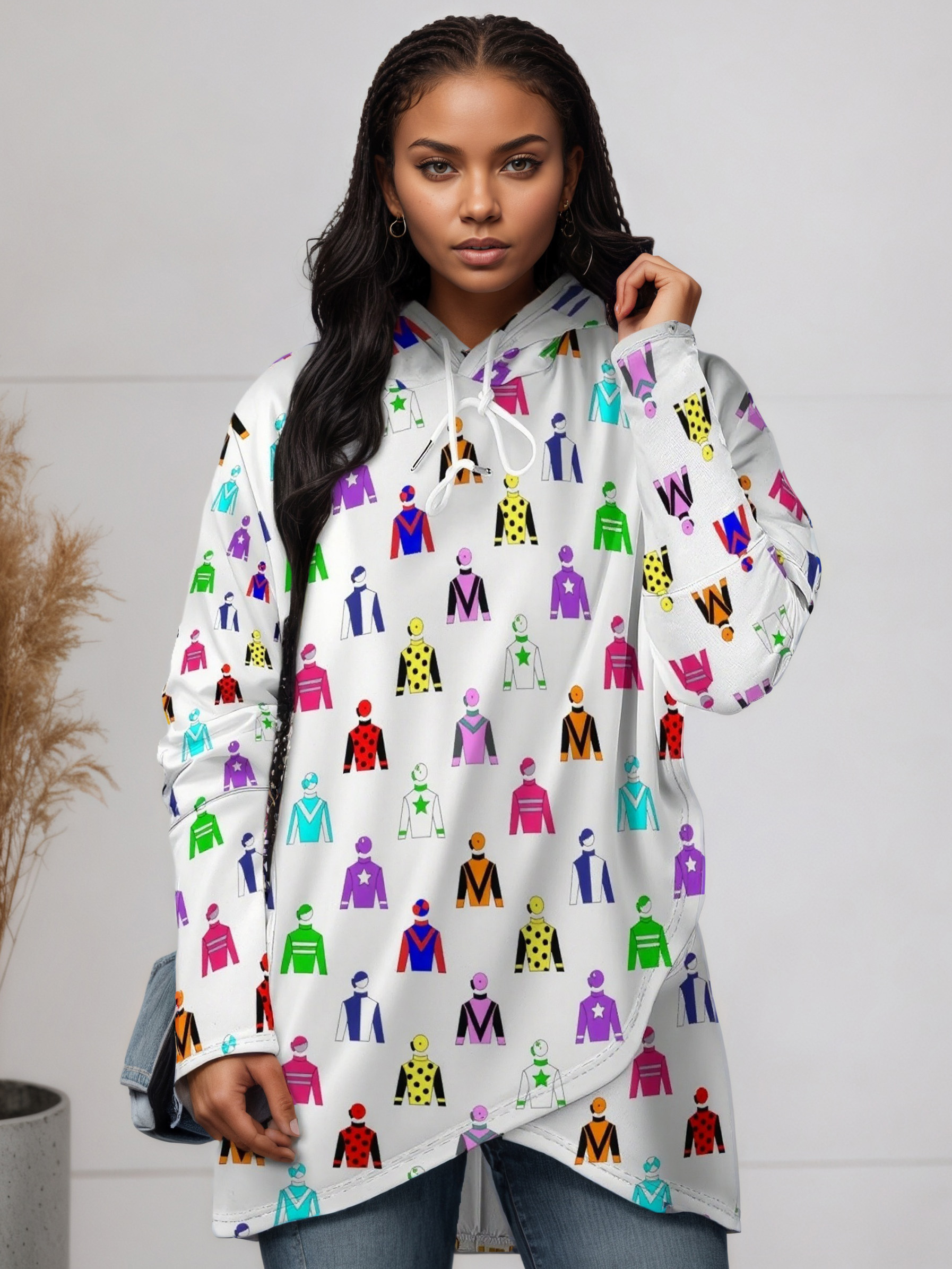 Jockey Silks Horse Rider Women Long Sleeve Pullover Irregular Hem Hoodies Casual Tunic Asymmetric Hooded Sweatshirt