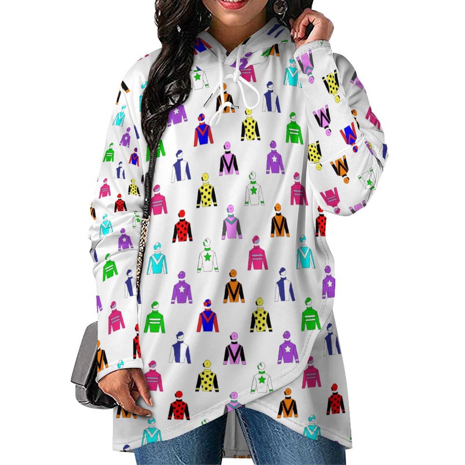 Jockey Silks Horse Rider Women Long Sleeve Pullover Irregular Hem Hoodies Casual Tunic Asymmetric Hooded Sweatshirt