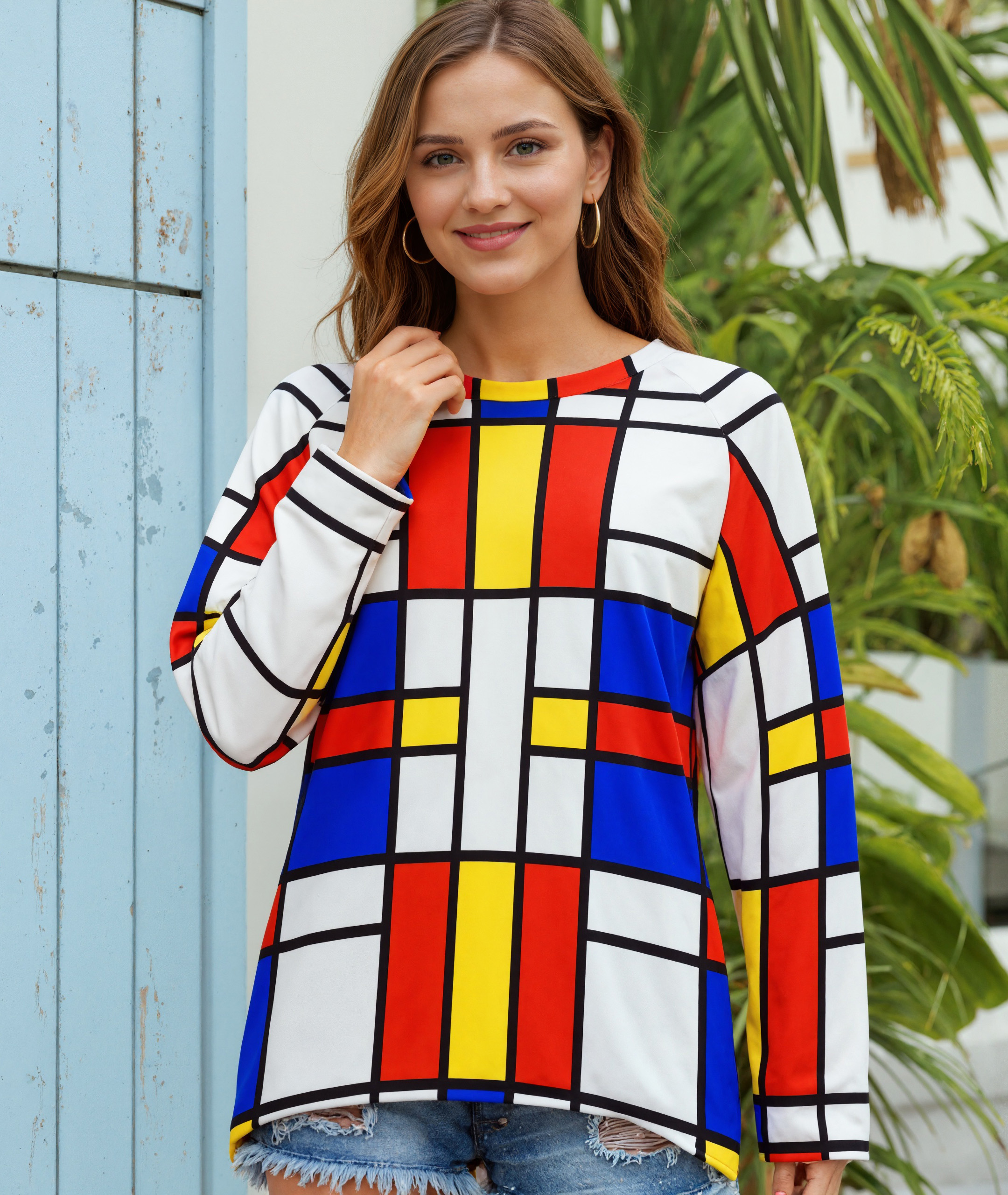 Initials Piet Mondrian Style Modern Art Crew Neck Round Hem Loose T-Shirt Women Raglan Sleeve Pullover Sweatshirts Tops