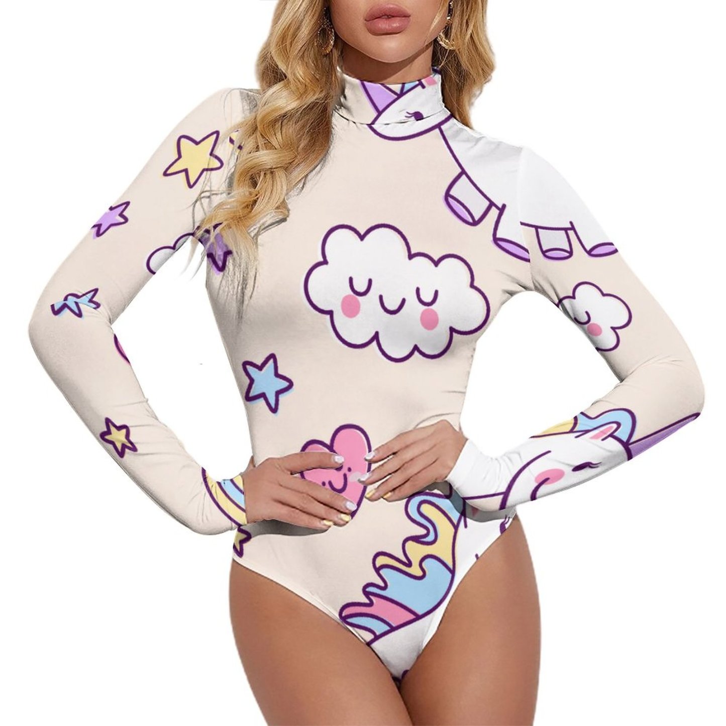 Personalized Chubby Flying Unicorns Rainbow Women Mock Turtle Neck Bod