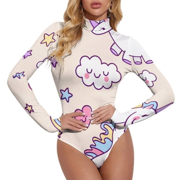 Personalized Chubby Flying Unicorns Rainbow Women Mock Turtle Neck Bodysuit -Custom Body Suit Basic Rompers Jumpsuit