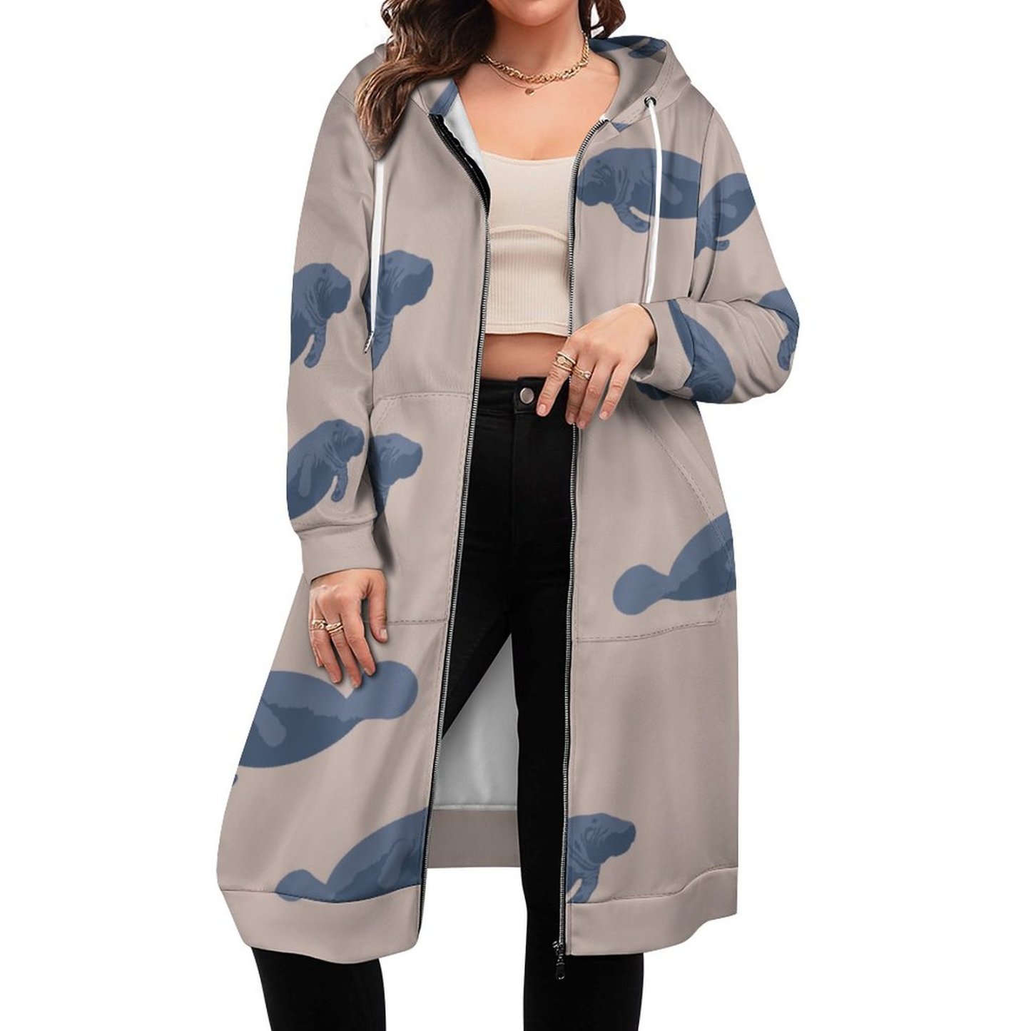 Manatee Nature Animal Zip Up Long Hoodie Jacket Coat Women Tunic Sweatshirt Loose Plus Size Open Front Cardigan Outfits