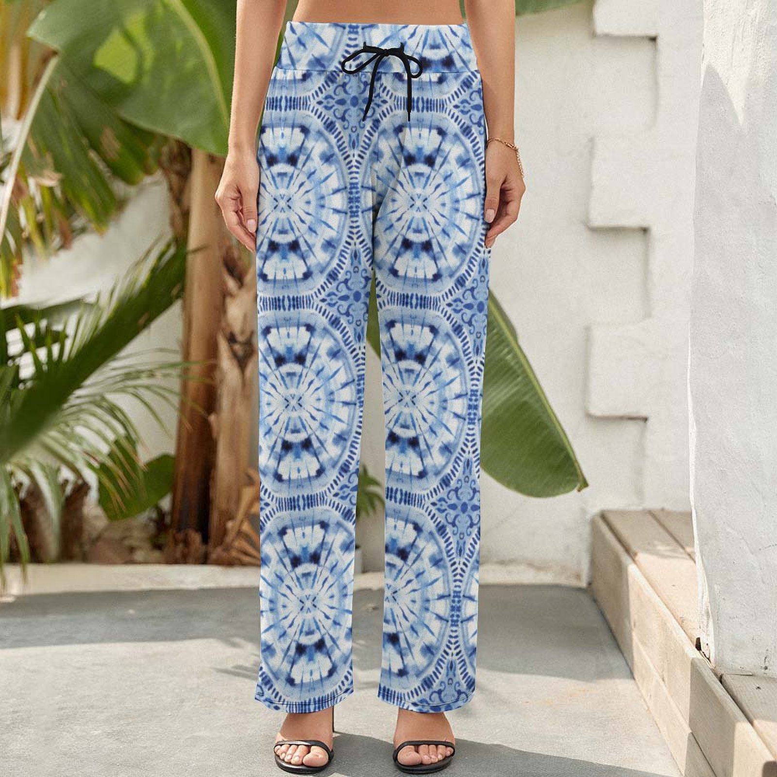 Summer Fall Indigo Blue Shibori Tie Dye Printed Women's High Waist Wide Leg Long Palazzo Lounge Pants-Charlylifestyle