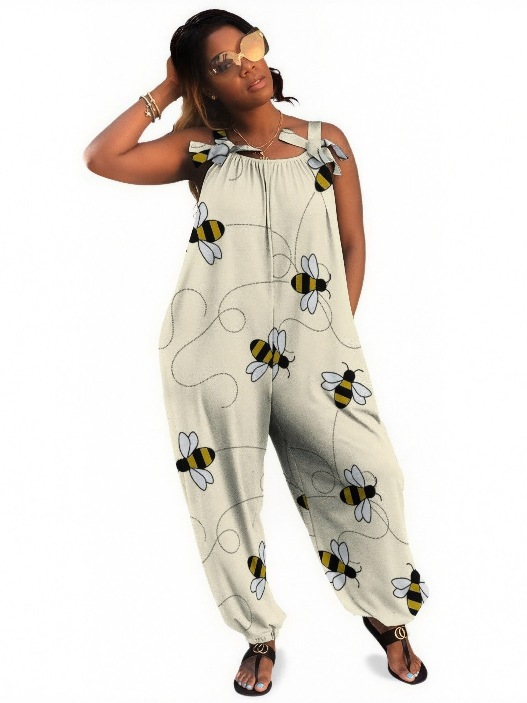 Women Modern Bumble Bees Print Loose Fit Baggy Harem Overall Jumpsuit Tie Spaghetti Strap Casual Long Pants Rompers