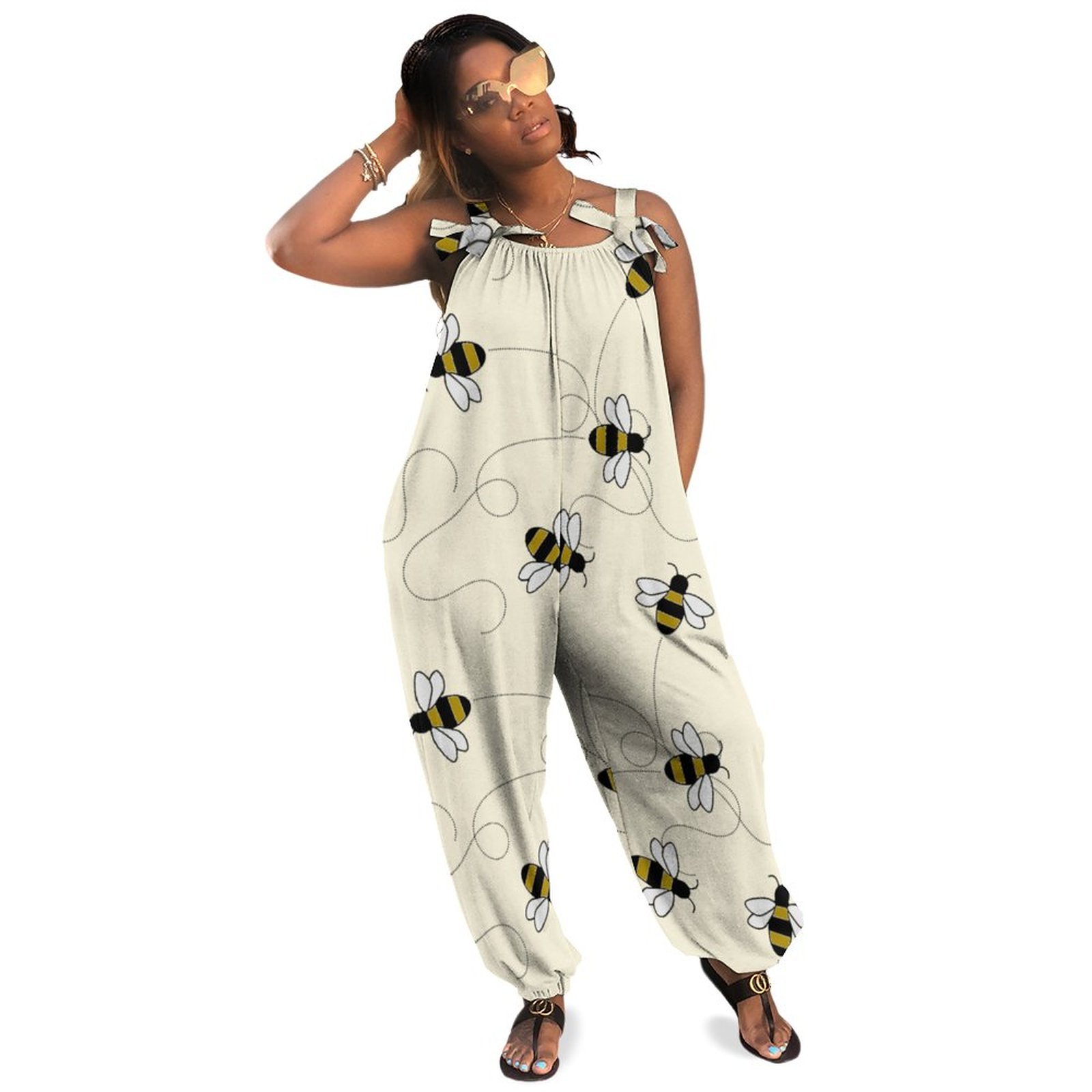 Women Modern Bumble Bees Print Loose Fit Baggy Harem Overall Jumpsuit Tie Spaghetti Strap Casual Long Pants Rompers