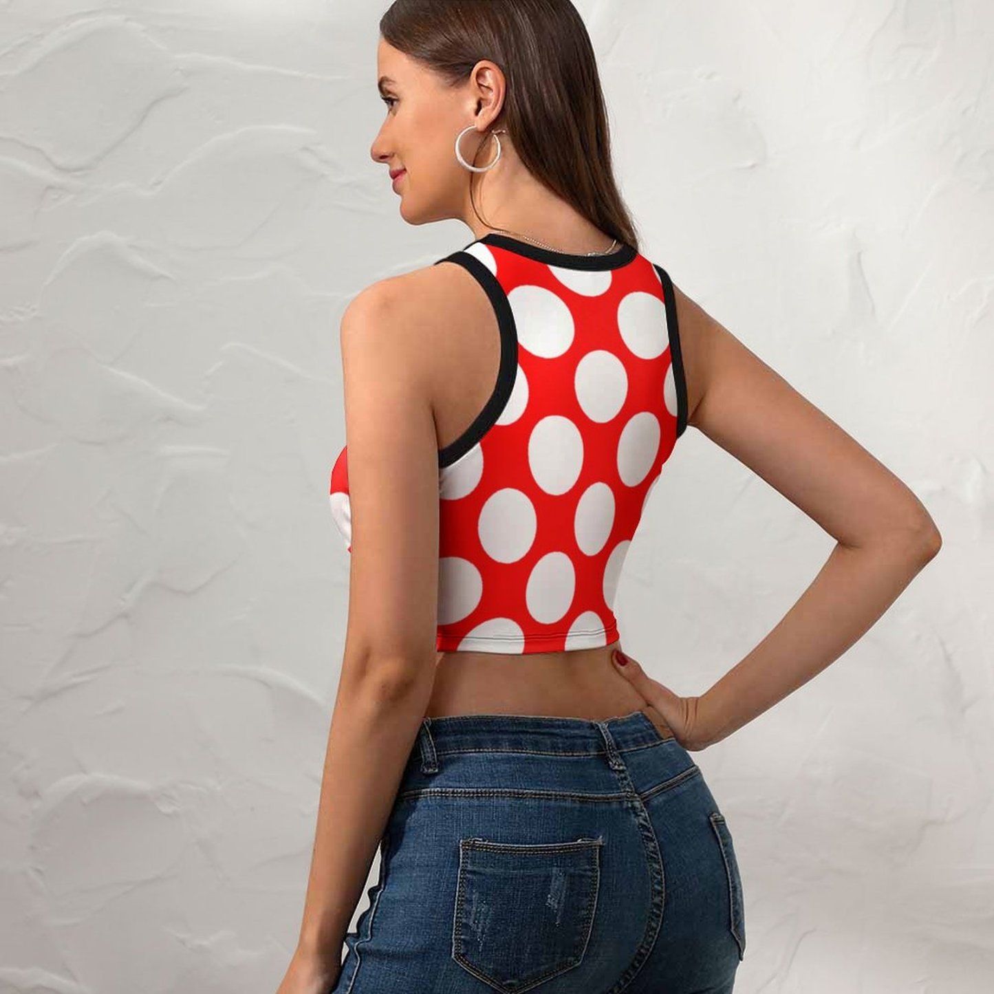 Summer Modern Bright Red White Polka Dots Women's Sexy Sleeveless Racer Back Tank Tops Halter Neck Crop Tops-Charlylifestyle