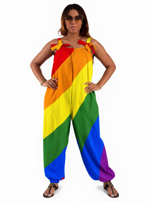 Women Lgbt Pride Diagonal Rainbow Stripe Print Loose Fit Baggy Harem Overall Jumpsuit Tie Spaghetti Strap Long Pants Rompers