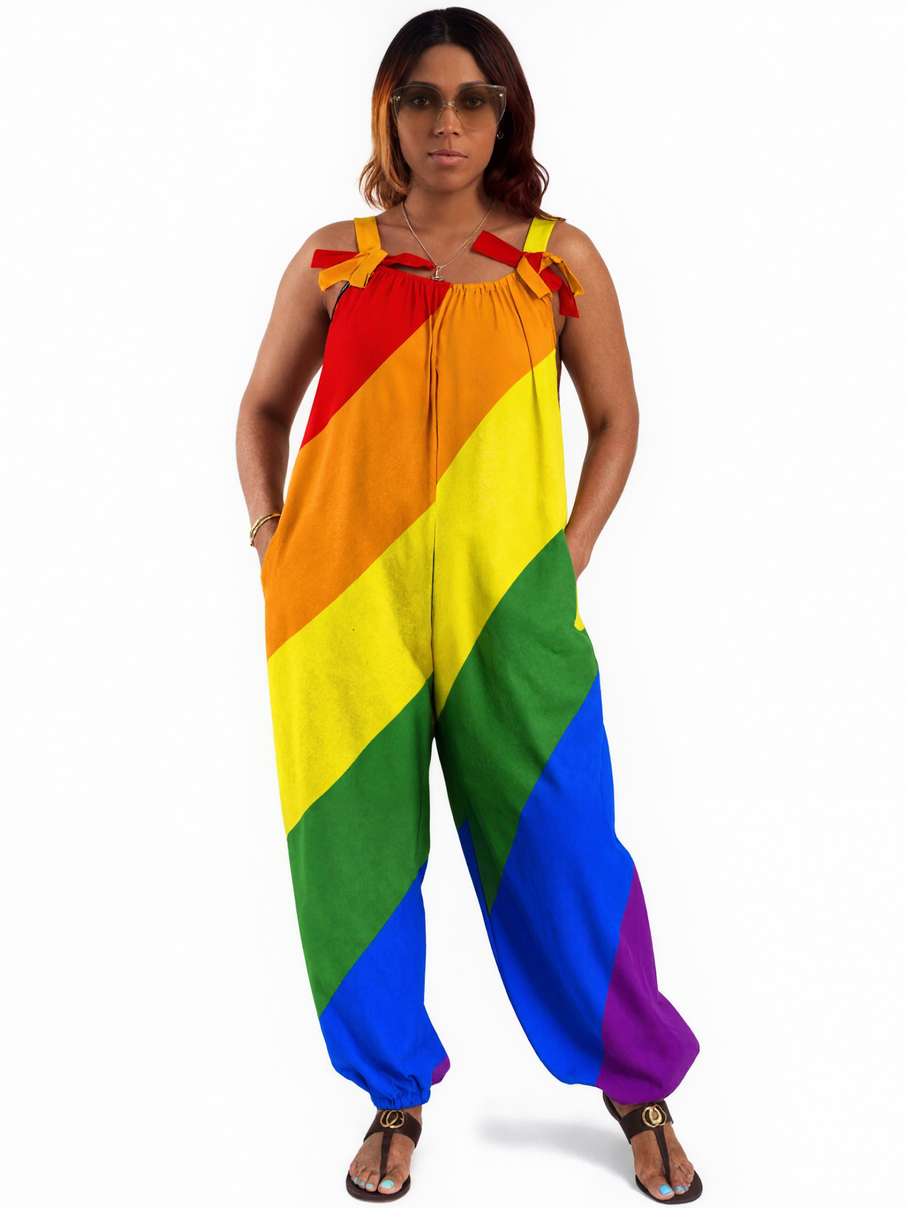 Women Lgbt Pride Diagonal Rainbow Stripe Print Loose Fit Baggy Harem Overall Jumpsuit Tie Spaghetti Strap Long Pants Rompers