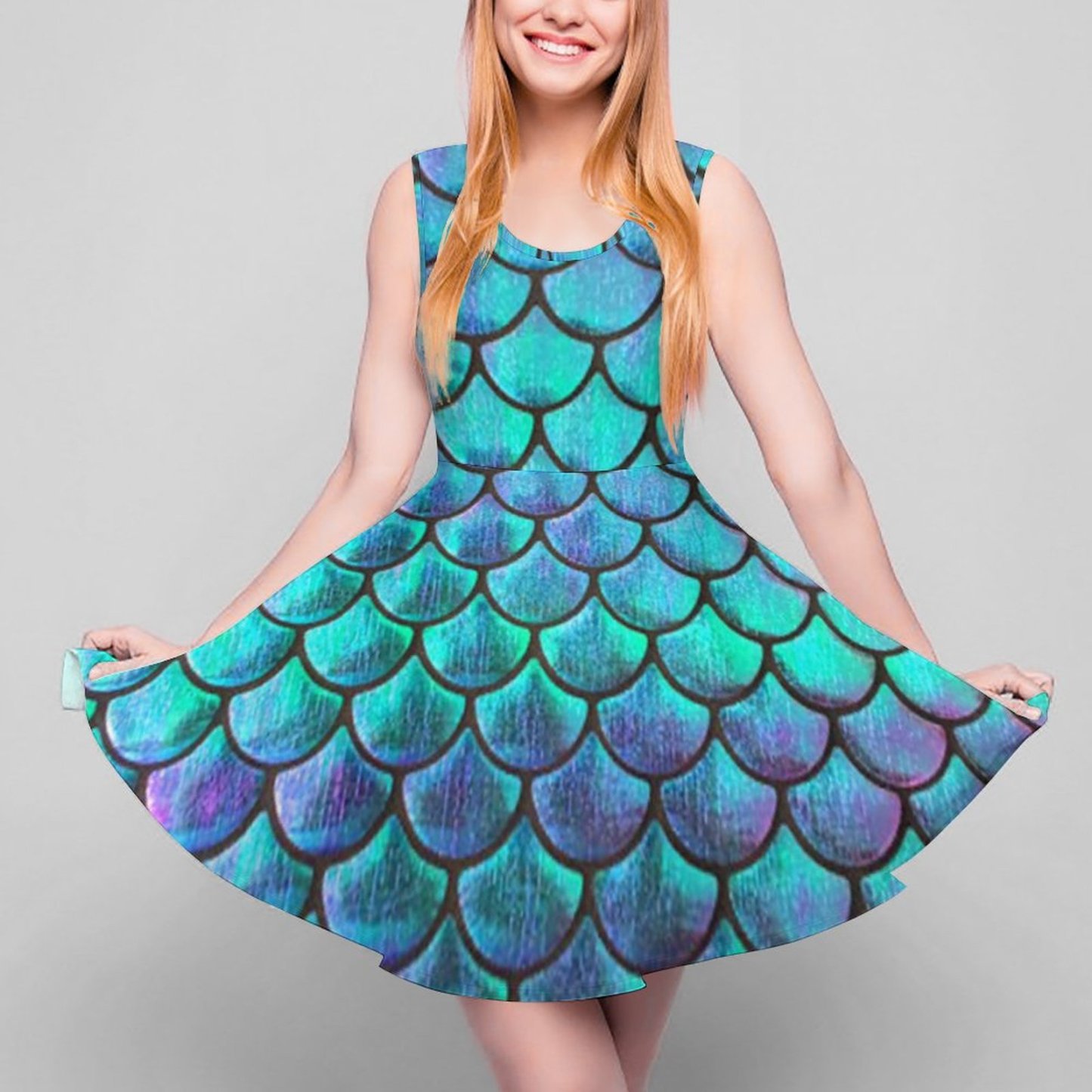 Personalized Mermaid Fish Scale Beach Boho Sleeveless Dresses -Custom Photo Tunic Flowy Tank Sundresses