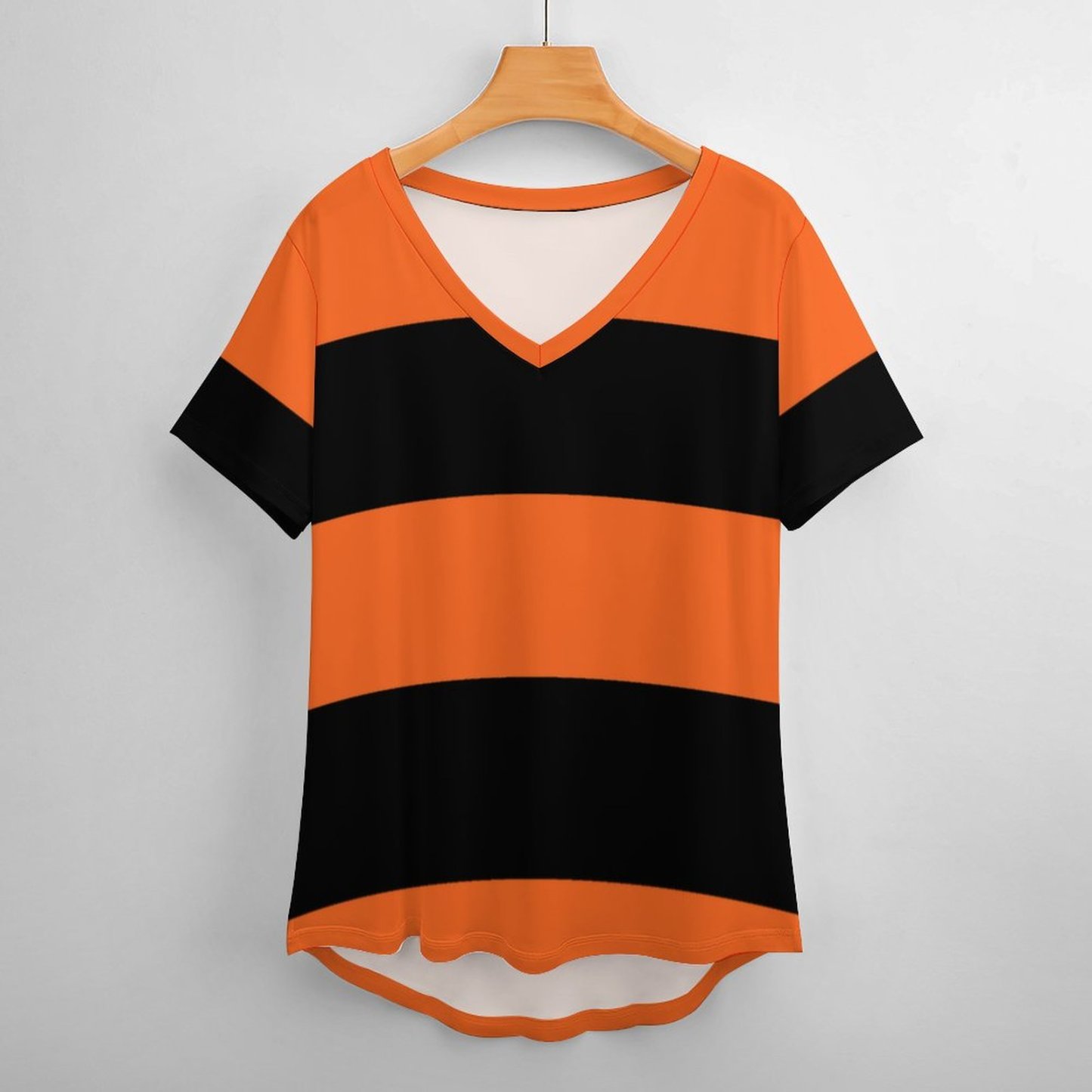S-4XL Orange And Black Stripe Halloween Women T Shirts Basic V-Neck Tee Loose Vintage Fitting Oversize Short Sleeve Tops-Charlylifestyle