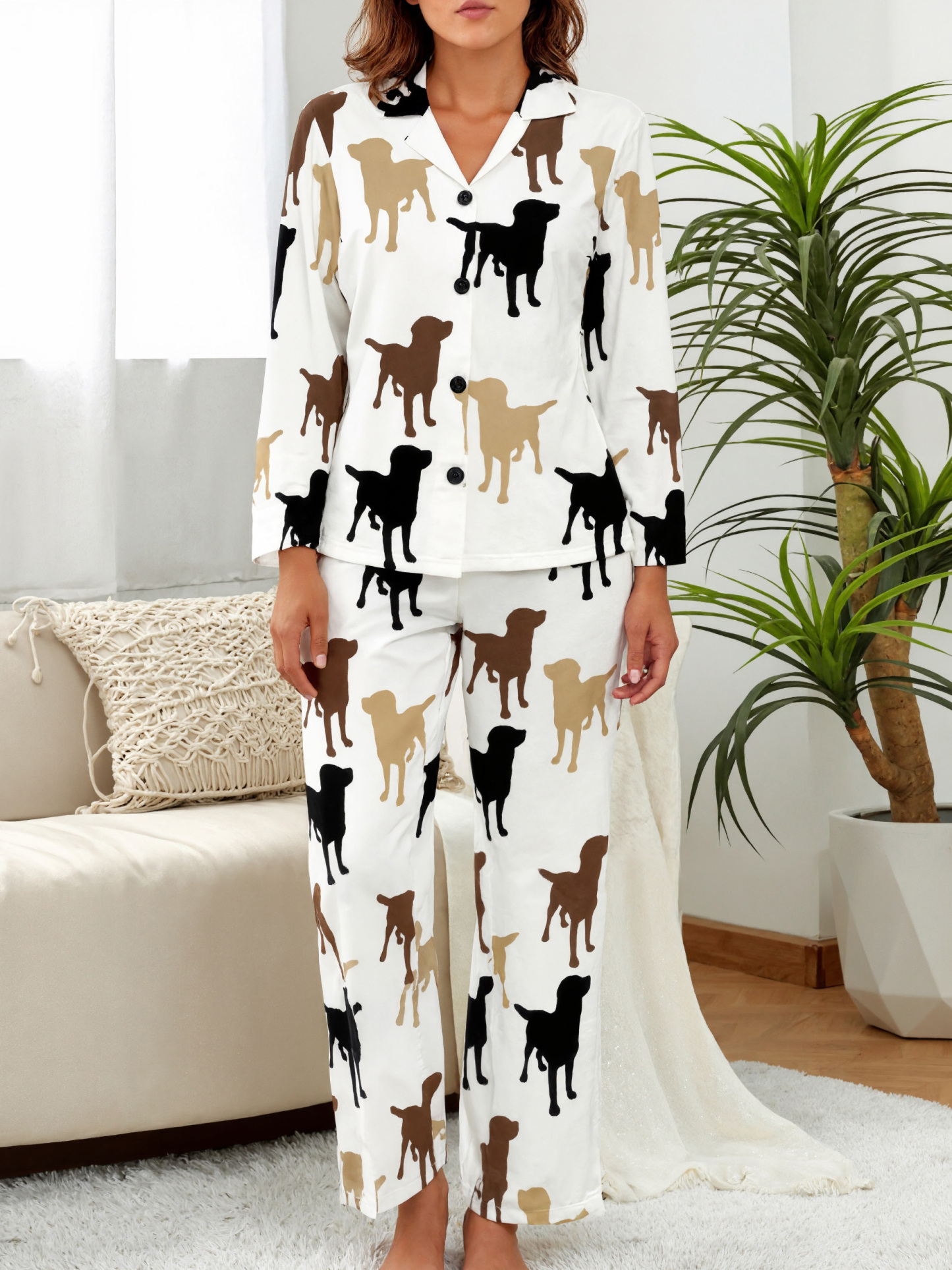 Labrador Retriever Dog Silhouette Women Long Sleeve Two Piece Sleepwea