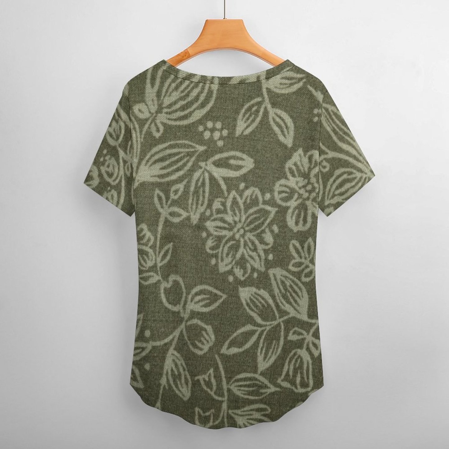 Olive Green Fabric With Foral Womens Summer Casual T Shirts Boho Full Print Short Sleeve Loose Hippie Tunic Tops-Charlylifestyle