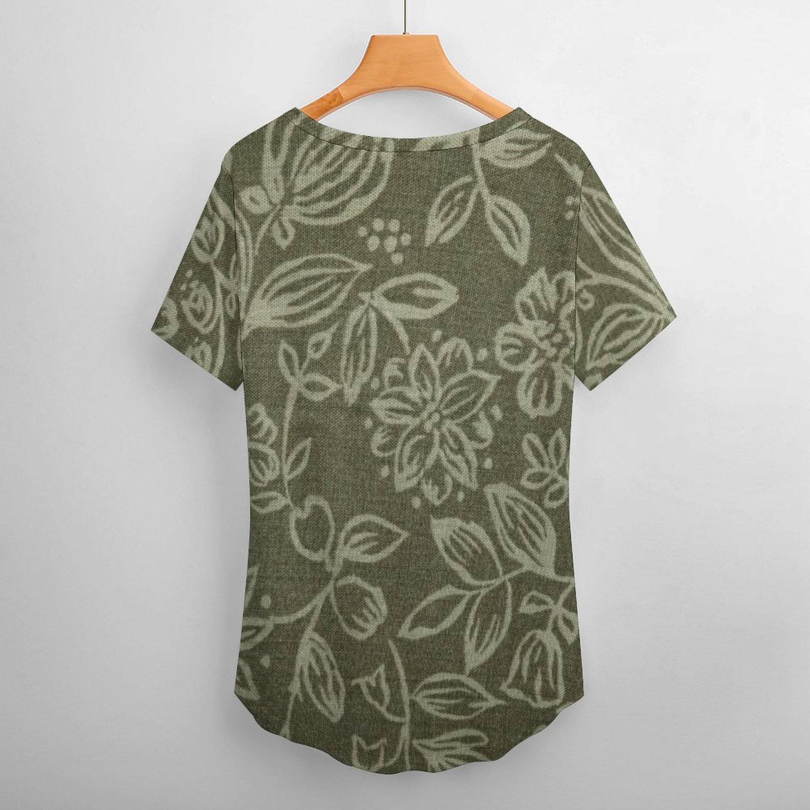 Olive Green Fabric With Foral Womens Summer Casual T Shirts Boho Full Print Short Sleeve Loose Hippie Tunic Tops-Charlylifestyle