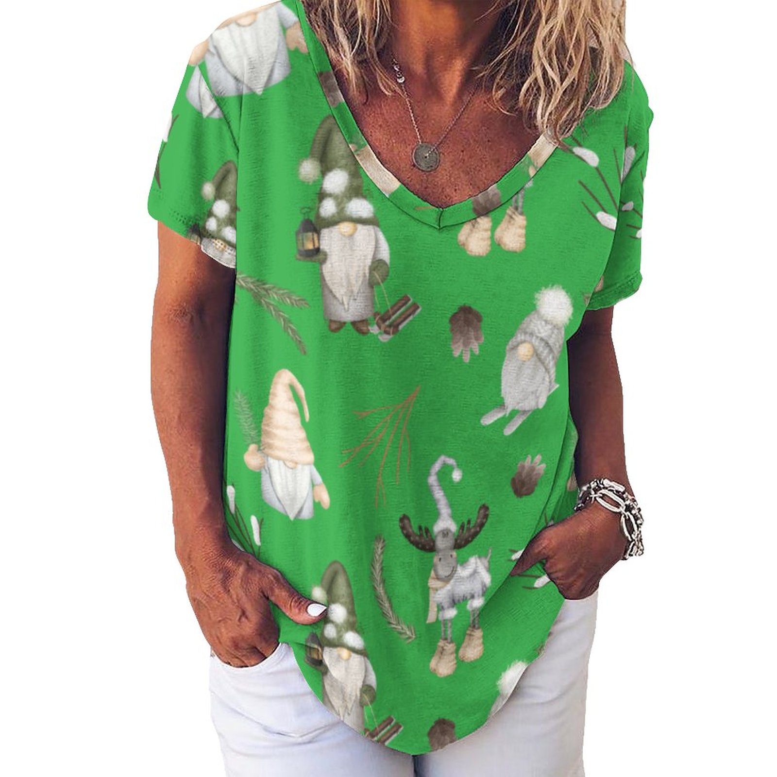 Modern Gray Neutral Gnome Womens Summer Casual T Shirts Boho Full Print Short Sleeve Loose Hippie Tunic Tops-Charlylifestyle