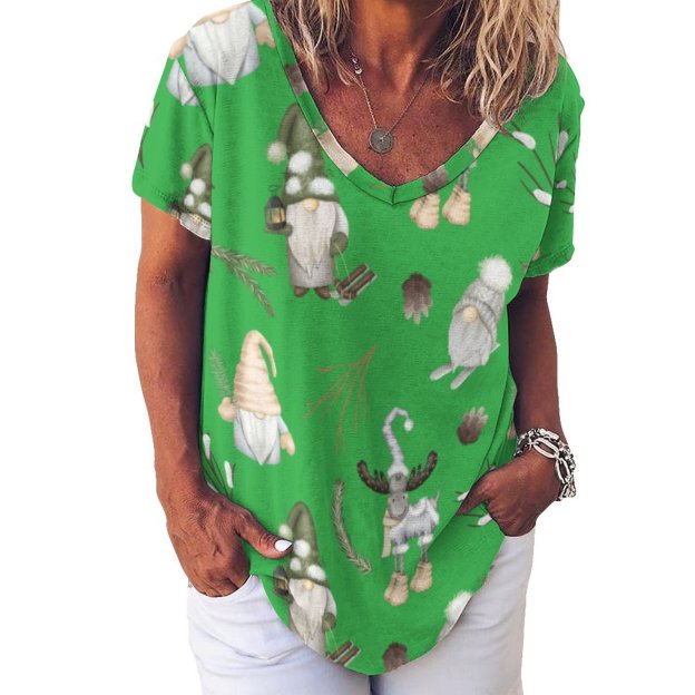 Modern Gray Neutral Gnome Womens Summer Casual T Shirts Boho Full Print Short Sleeve Loose Hippie Tunic Tops-Charlylifestyle