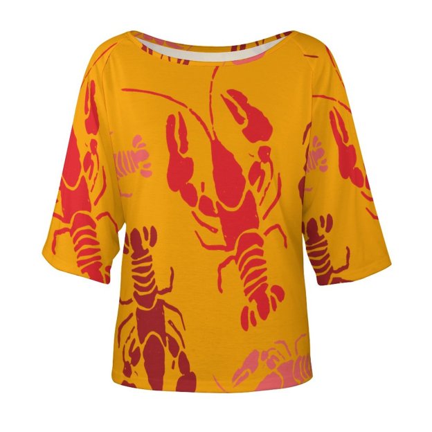 Lobster Bake Or Crawfish Boil Retro 3/4 Bell Sleeve T-Shirt Elbow Length Basic Tunics Tops for Women-Charlylifestyle