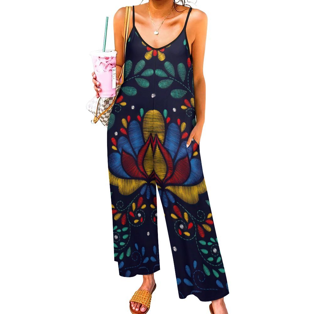 Summer Bohemia Mexican Traditional Embroidery Cami Wide Leg Jumpsuits Women Casual Shoulder Strap Adjustable Rompers Pants