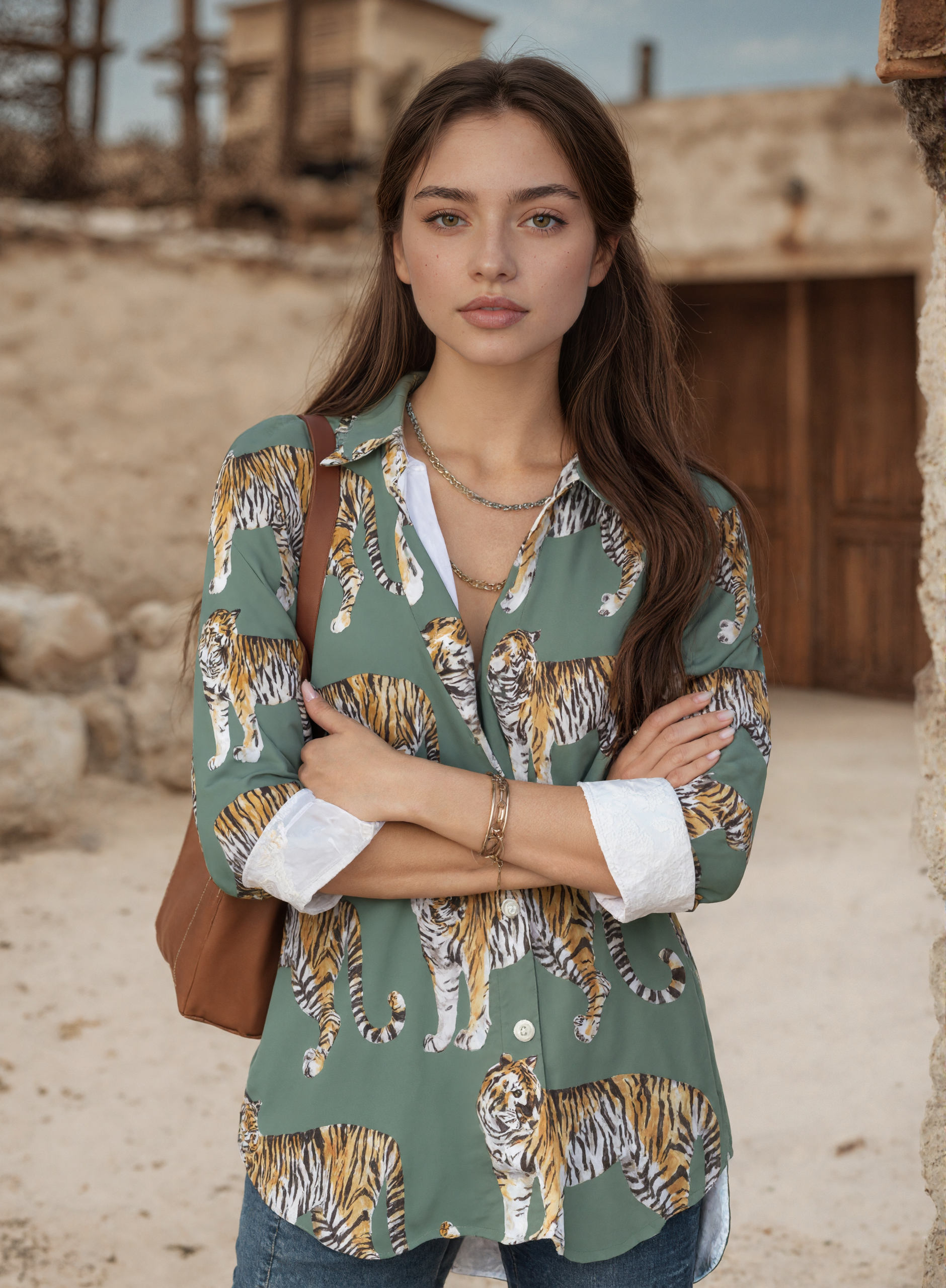 Modern Tropical Watercolor Tigers Wild Button Down V Neck Shirts Long Sleeve Blouse Roll Up Cuffed Sleeve Casual Shirt Tops