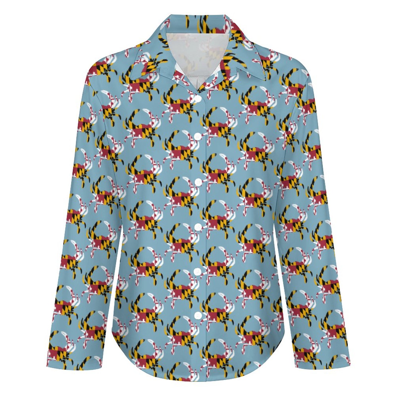 Maryland Flag Blue Crab Button Down V Neck Shirts Long Sleeve Blouse Roll Up Cuffed Sleeve Casual Shirt Tops