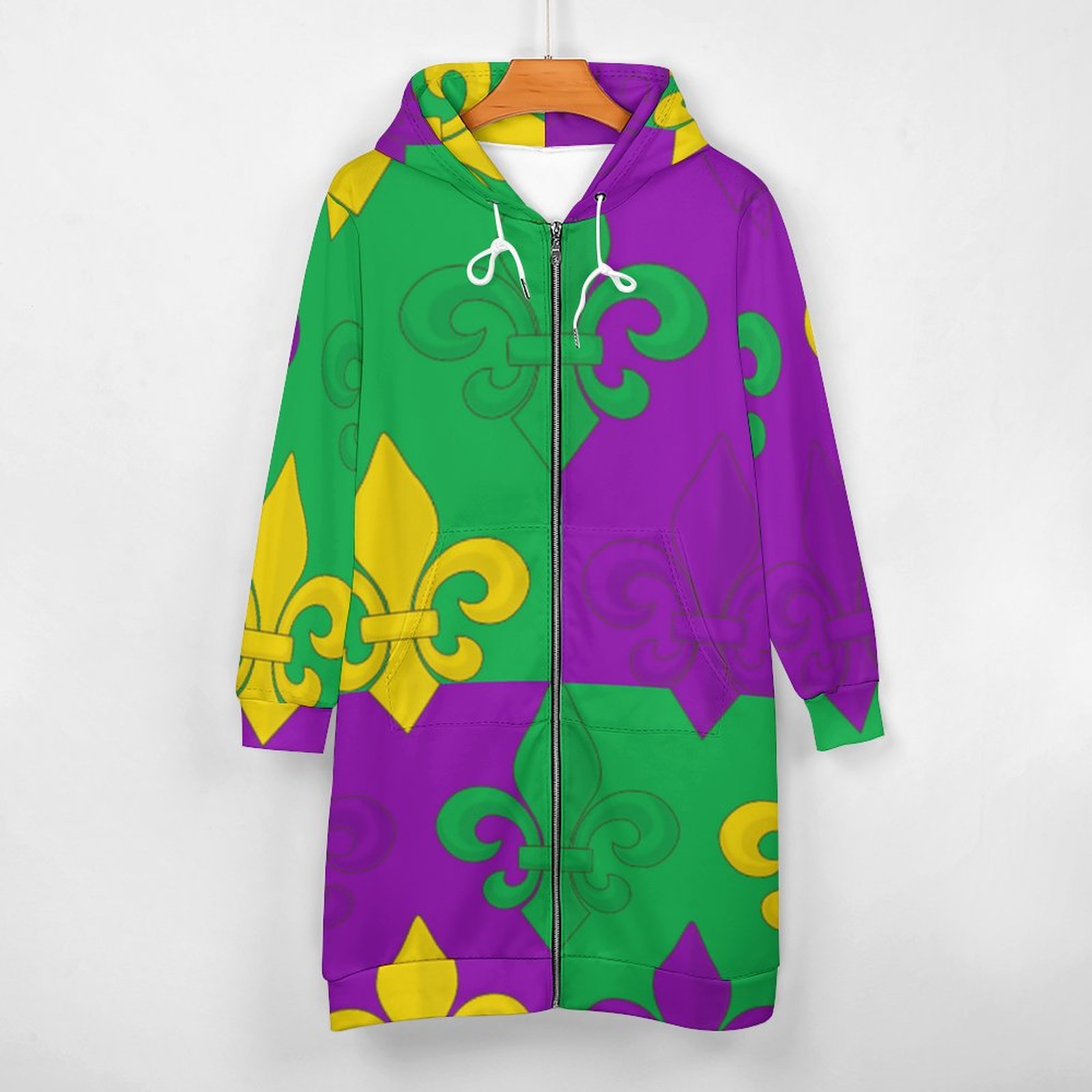 Mardi Gras French Fleur De Lis Zip Up Long Hoodie Jacket Coat Women Tunic Sweatshirt Plus Size Open Front Cardigan Outfits