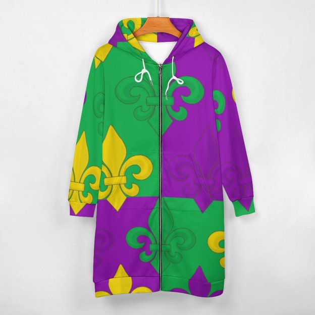 Mardi Gras French Fleur De Lis Zip Up Long Hoodie Jacket Coat Women Tunic Sweatshirt Plus Size Open Front Cardigan Outfits