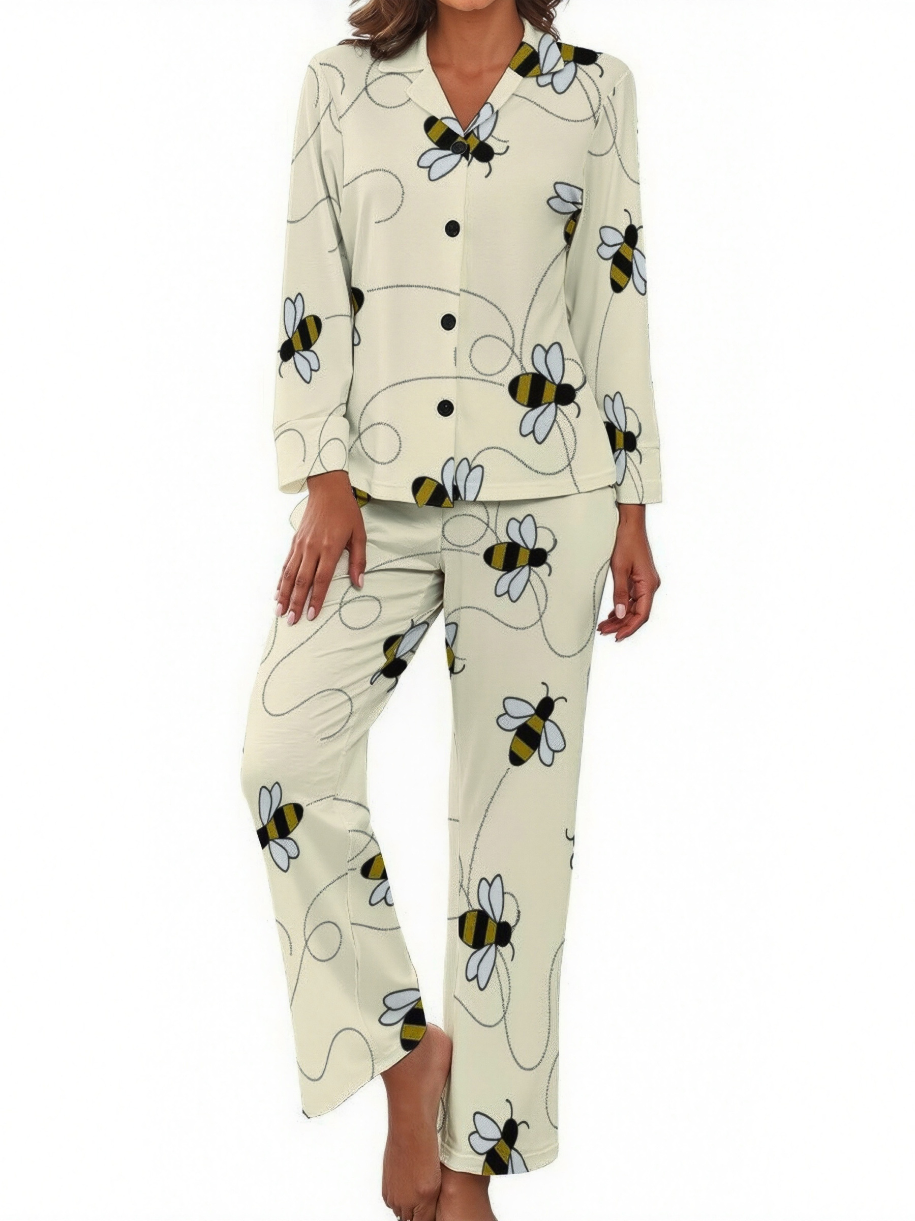 Modern Bumble Bees Print Women Long Sleeve Two Piece Sleepwear Soft Bu