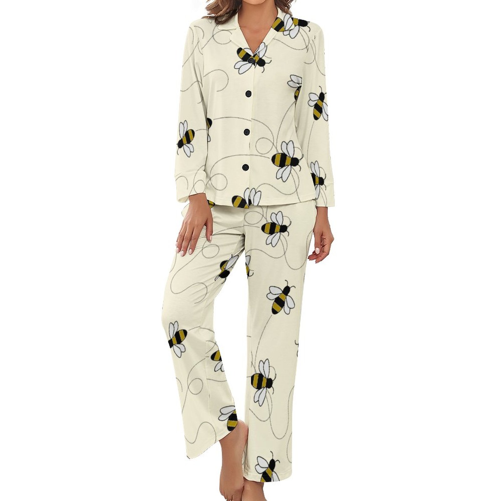 Modern Bumble Bees Print Women Long Sleeve Two Piece Sleepwear Soft Bu