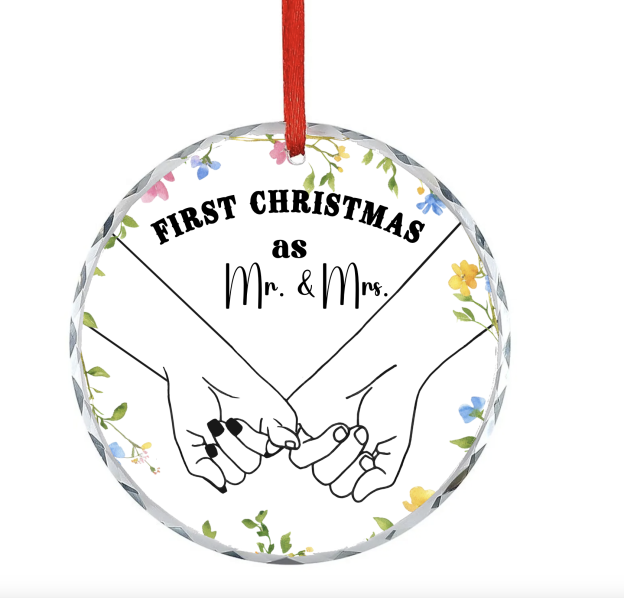 Holding Hands First Christmas Couple - Personalized Circle Glass Ornament
