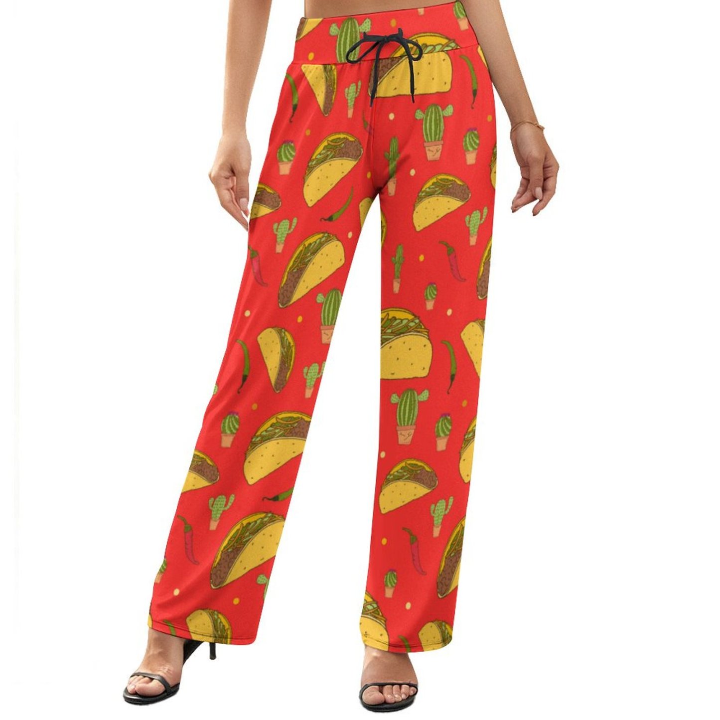 Mexican Tacos Chillies Printed Women's High Waist Wide Leg Long Palazzo Lounge Pants-Charlylifestyle