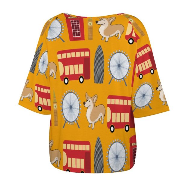 S-5XL London Icon And Corgi Collage O Neck Batwing Half Sleeve Shirts Women Loose Blouse Print Tops-Charlylifestyle