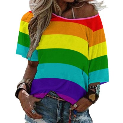 Summer Lgbt Rainbow Flag Original 8 Stripes 3/4 Bell Sleeve T-Shirt Elbow Length Basic Tunics Tops for Women-Charlylifestyle
