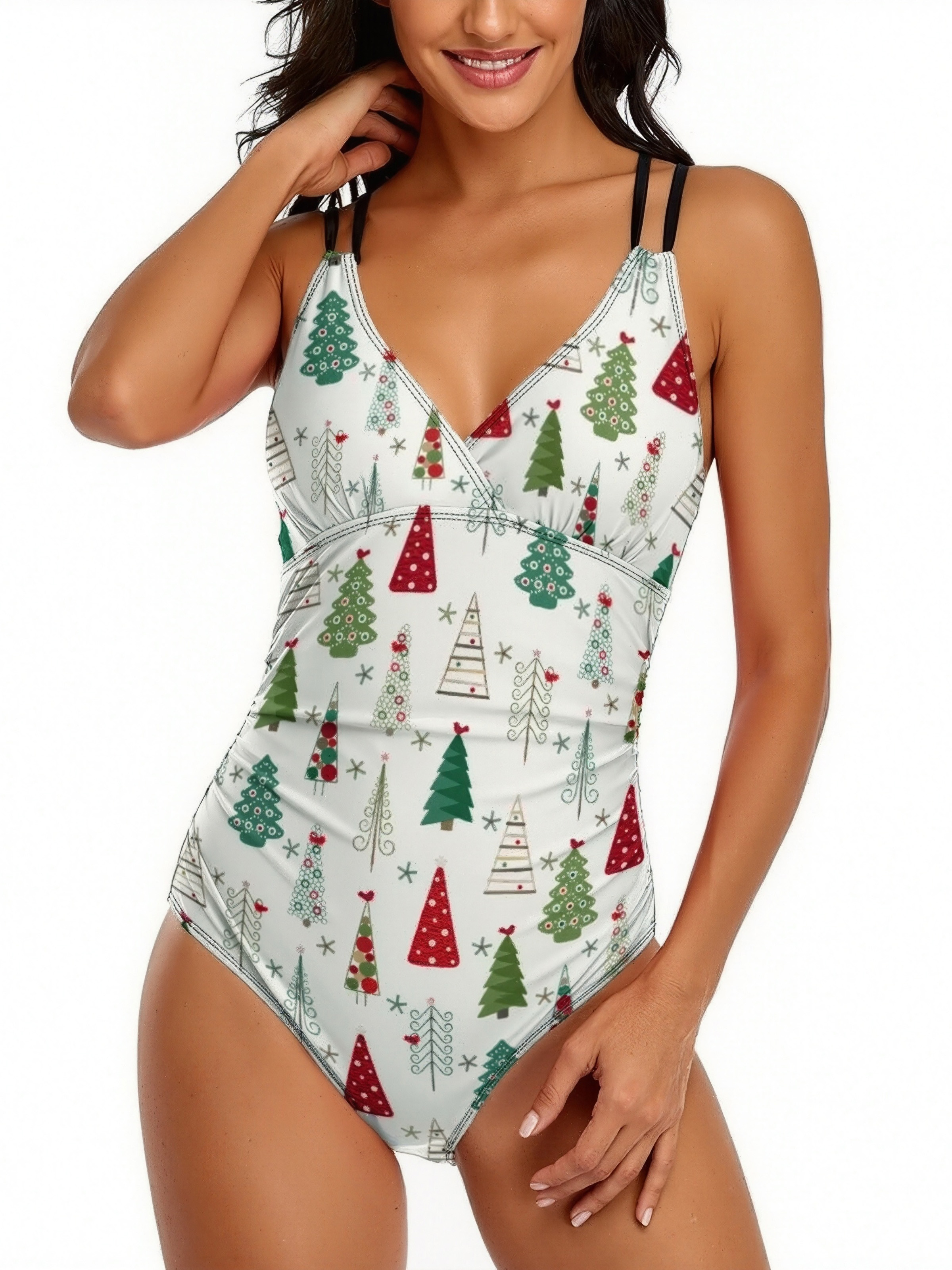 Modern Minimalist Christmas Tree Halter Backless Ruched One-Piece Swimsuit Tummy Control V Neck Bathing Suits