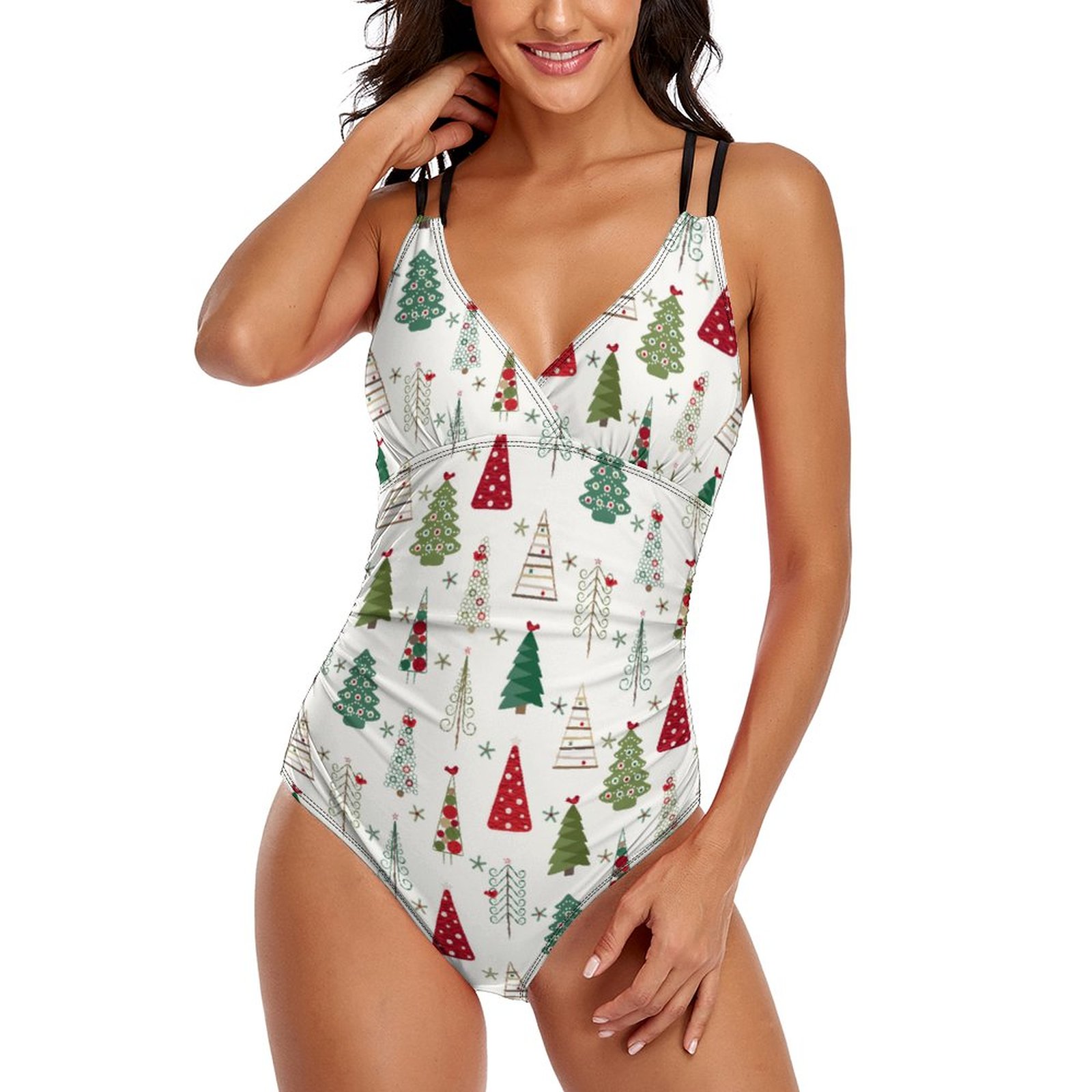 Modern Minimalist Christmas Tree Halter Backless Ruched One-Piece Swimsuit Tummy Control V Neck Bathing Suits