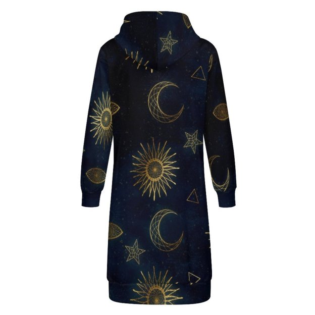 Magical Gold Moon Sun Stars Dark Blue Zip Up Long Hoodie Jacket Women Tunic Sweatshirt Plus Size Open Front Cardigan Outfits