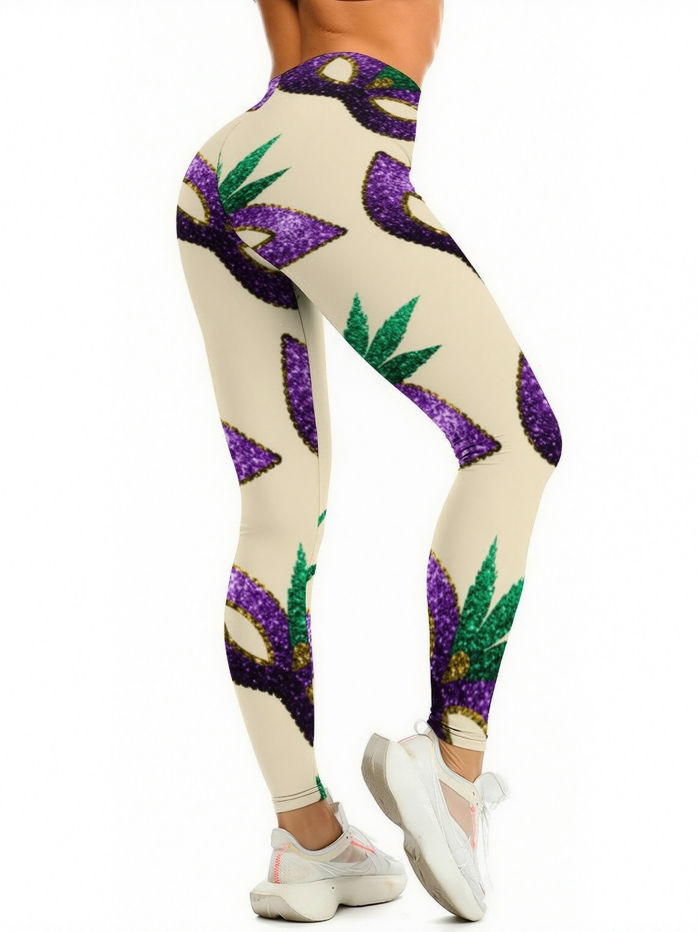 Mardi Gras Mask Purple Green Gold Sparkles Womens High Waist Workout Leggings Thin Fit Gym Yoga Pants