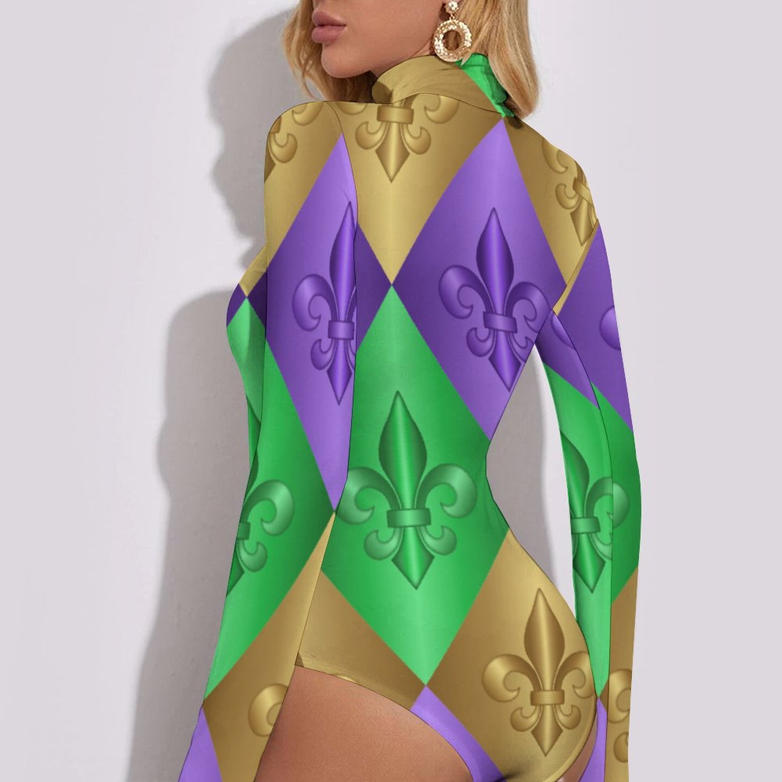 Mardi Gras Harlequin Fleur De Lis Women Mock Turtle Neck Long Sleeve Tops Bodysuit Slim Fit Body Suit Basic T Shirts Jumpsuit
