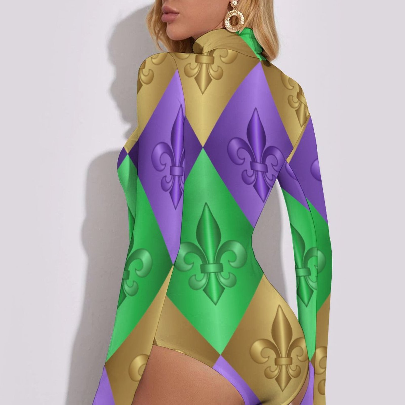 Mardi Gras Harlequin Fleur De Lis Women Mock Turtle Neck Long Sleeve Tops Bodysuit Slim Fit Body Suit Basic T Shirts Jumpsuit