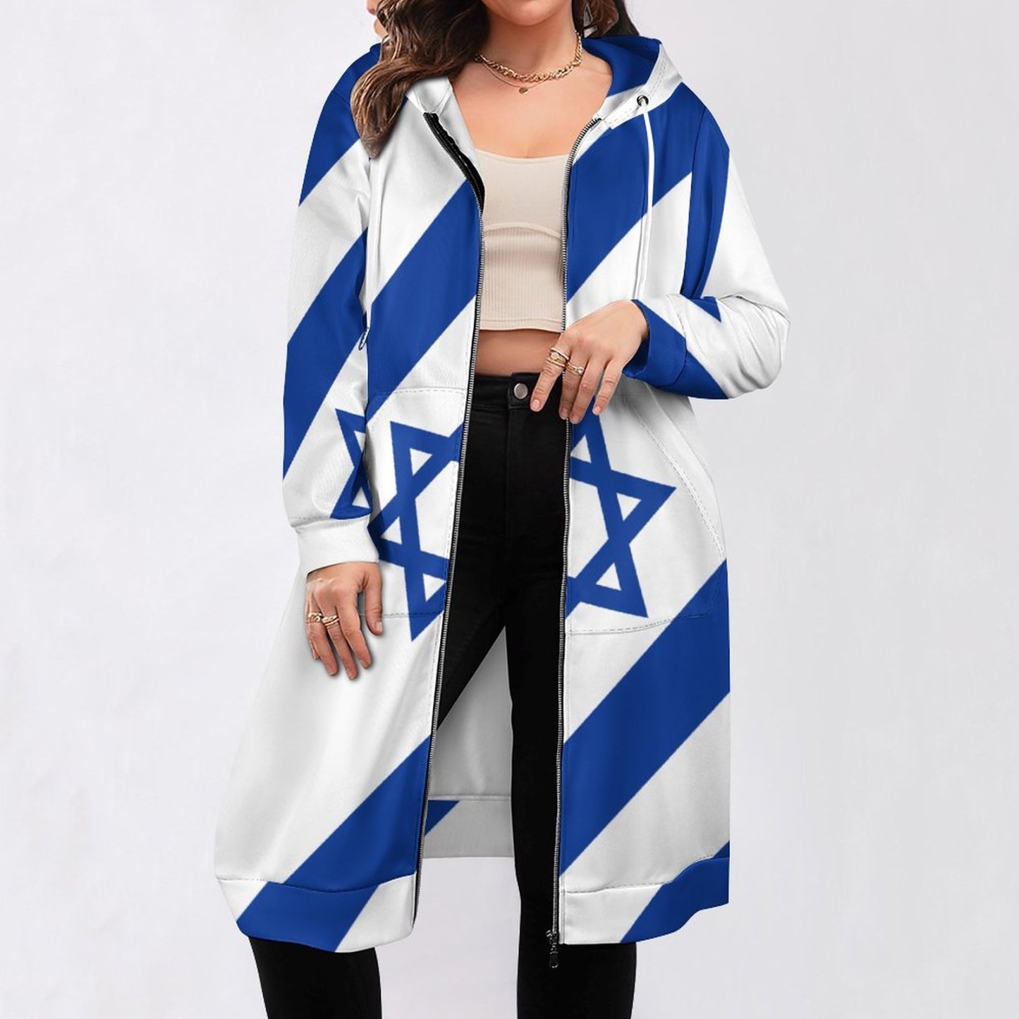 Israelian Flag Of Israel Zip Up Long Hoodie Jacket Coat Women Tunic Sweatshirt Loose Plus Size Open Front Cardigan Outfits