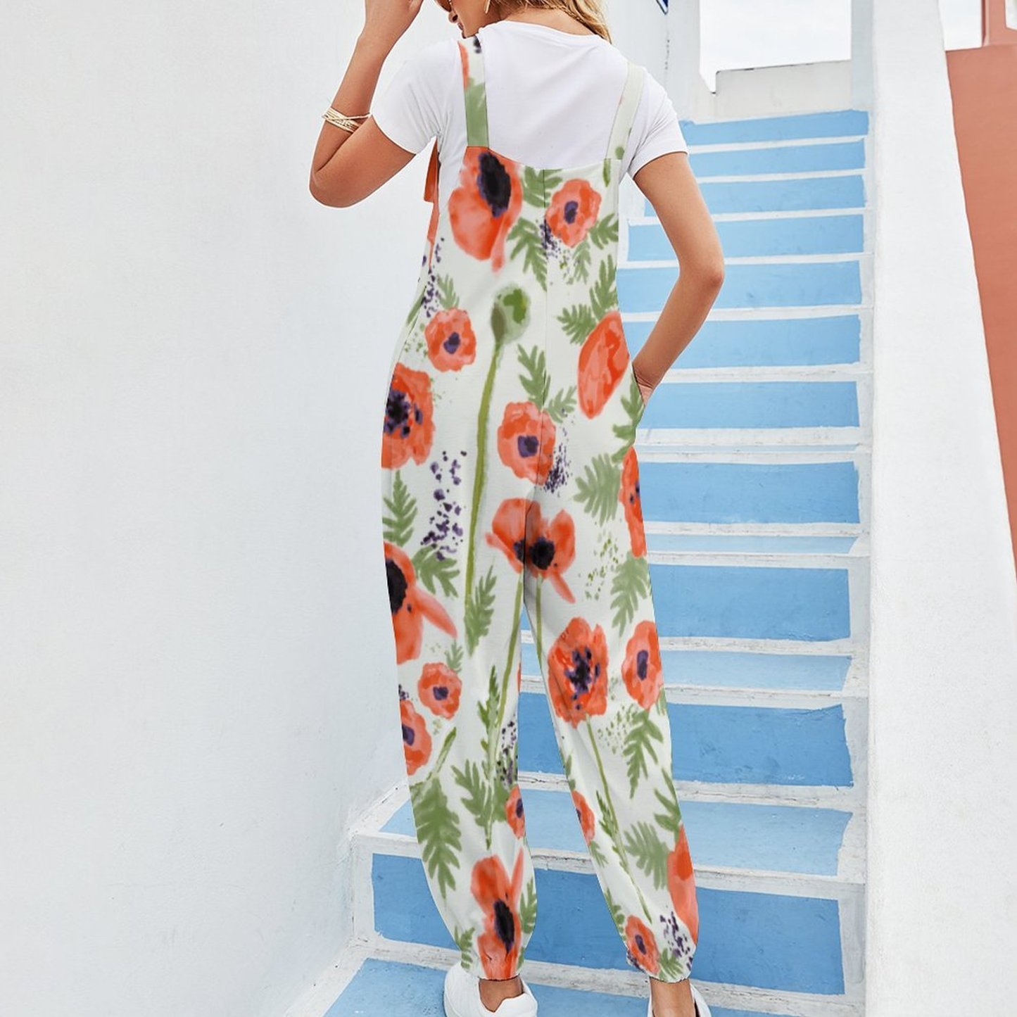 Women Orange Red Poppy Flowers Watercolor Print Loose Fit Baggy Harem Overall Jumpsuit Tie Spaghetti Strap Long Pants Rompers