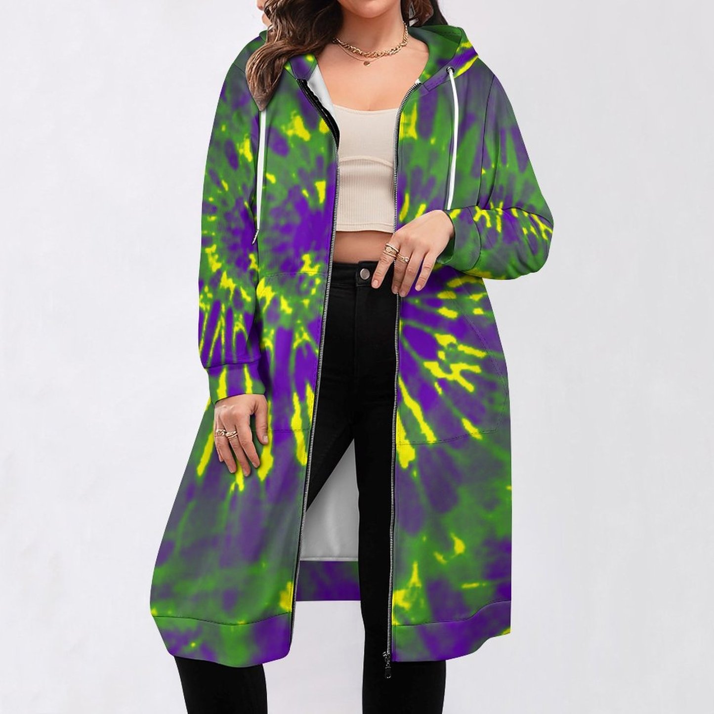Mardi Gras Tie Dye Zip Up Long Hoodie Jacket Coat Women Tunic Sweatshirt Loose Plus Size Open Front Cardigan Outfits