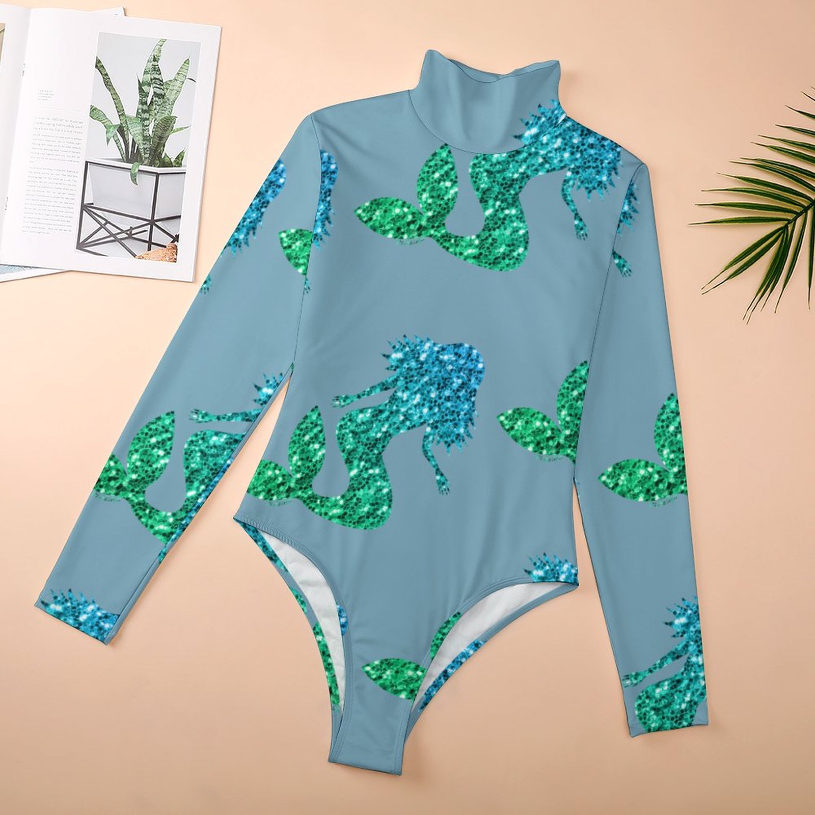 Mermaid Blue Green Ombre Sparkles Women Mock Turtle Neck Long Sleeve Tops Bodysuit Slim Fit Body Suit Basic T Shirts Jumpsuit