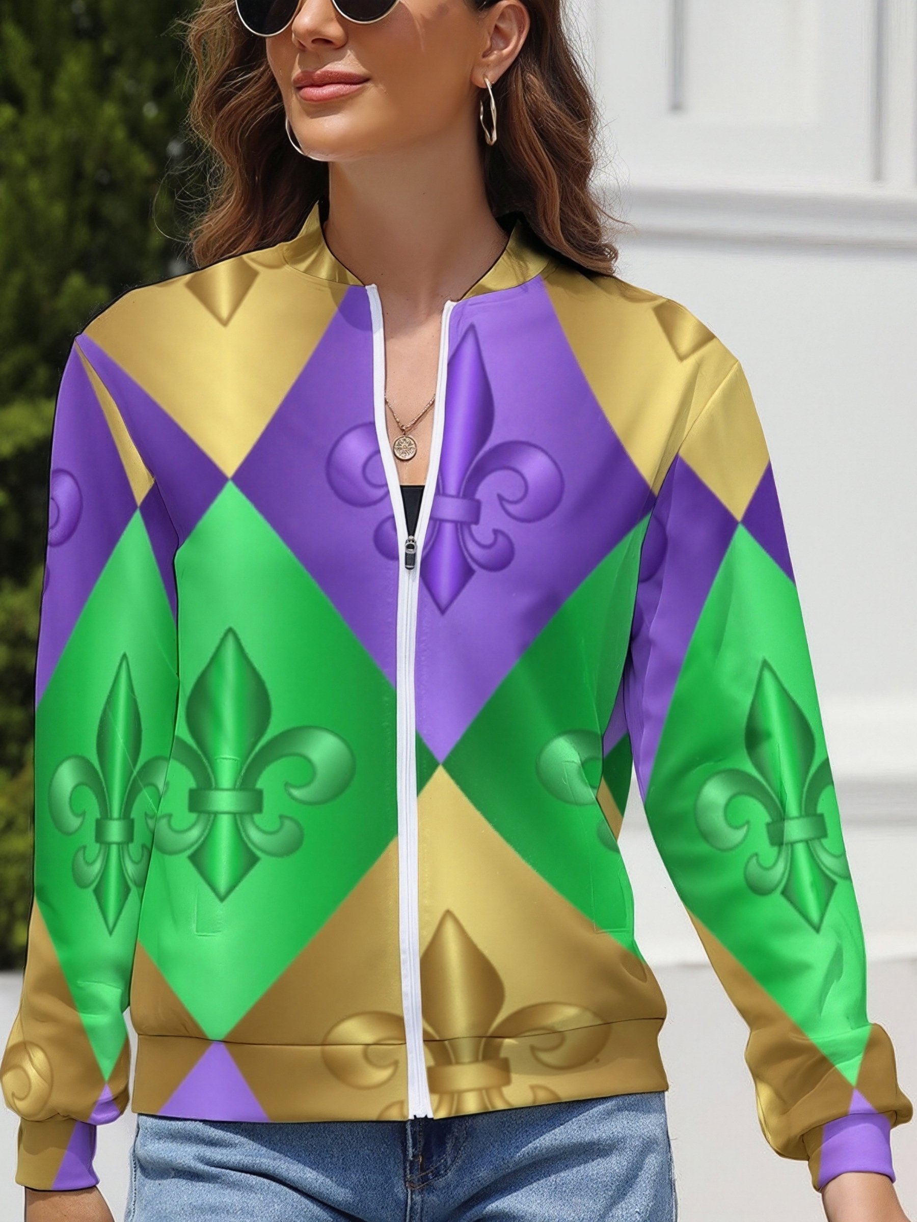 Mardi Gras Harlequin Fleur De Lis Women boyfriend Zip Up Bomber Jacket Long Sleeve Open Front Cardigan Tops