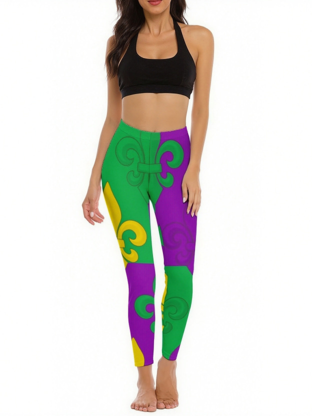 Mardi Gras French Fleur De Lis Womens High Waist Workout Leggings Wide Waistband Sports Thin Fit Gym Yoga Pants